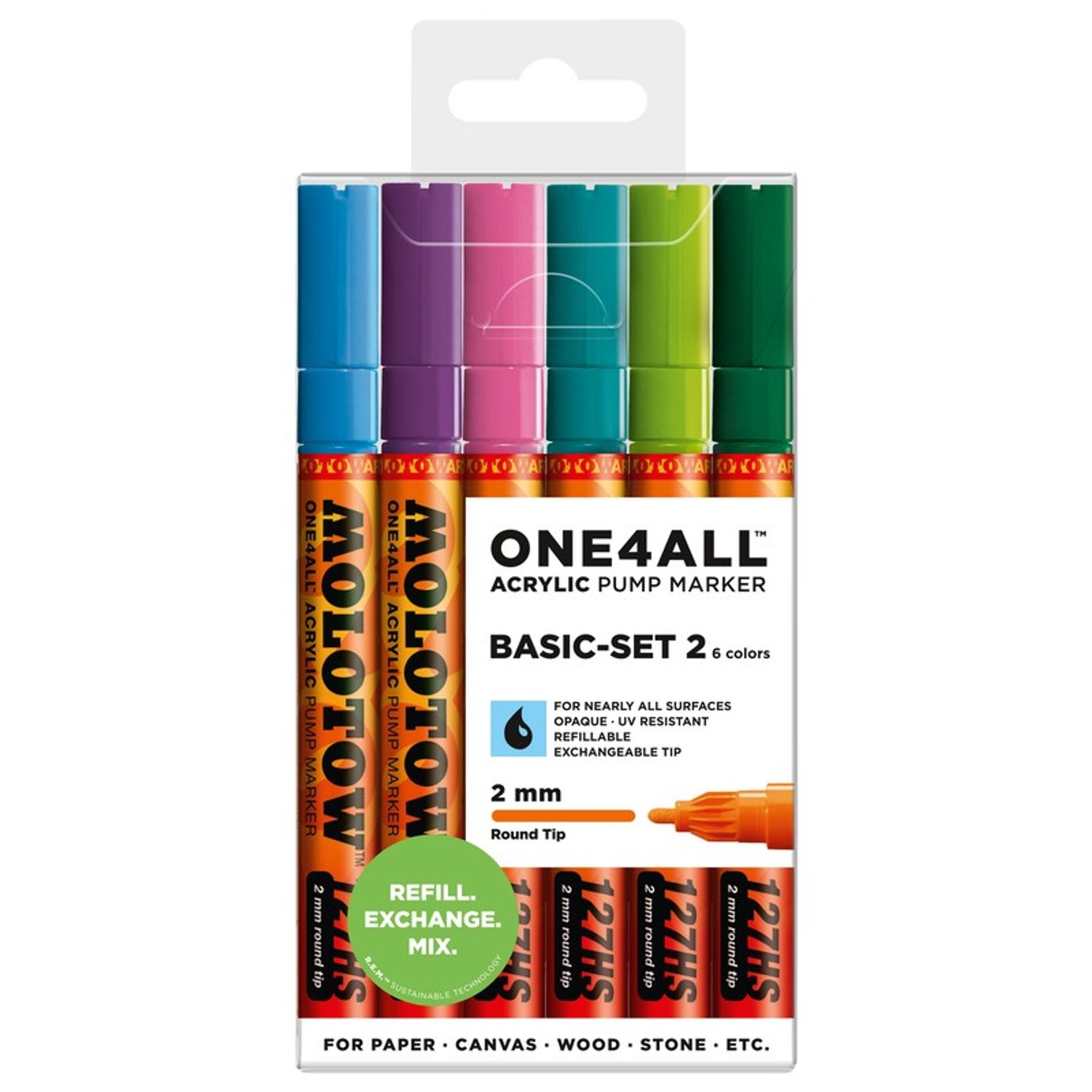 Marker acrilic Molotow ONE4ALL 127HS, 2 mm, portofel Basic 2 - Set 1, 6 buc. fotografia produsului