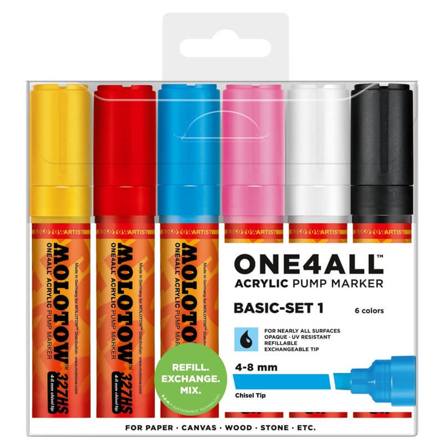 Marker acrilic Molotow One4All 327HS 4-8mm portofel Basic-Set 6 buc fotografia produsului