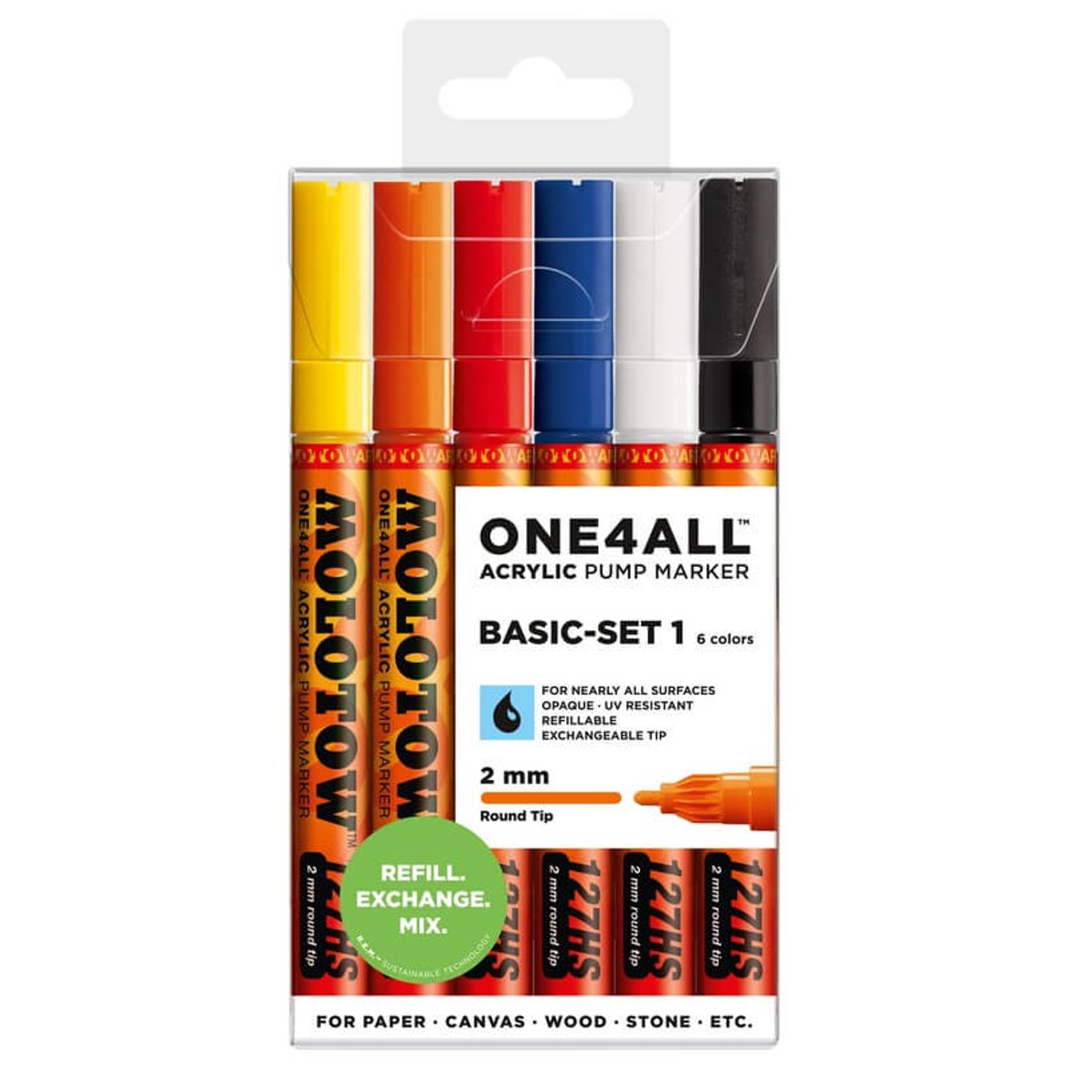 Marker acrilic Molotow ONE4ALL 127HS, 2 mm, portofel Basic 1 - Set 1, 6 buc. fotografia produsului