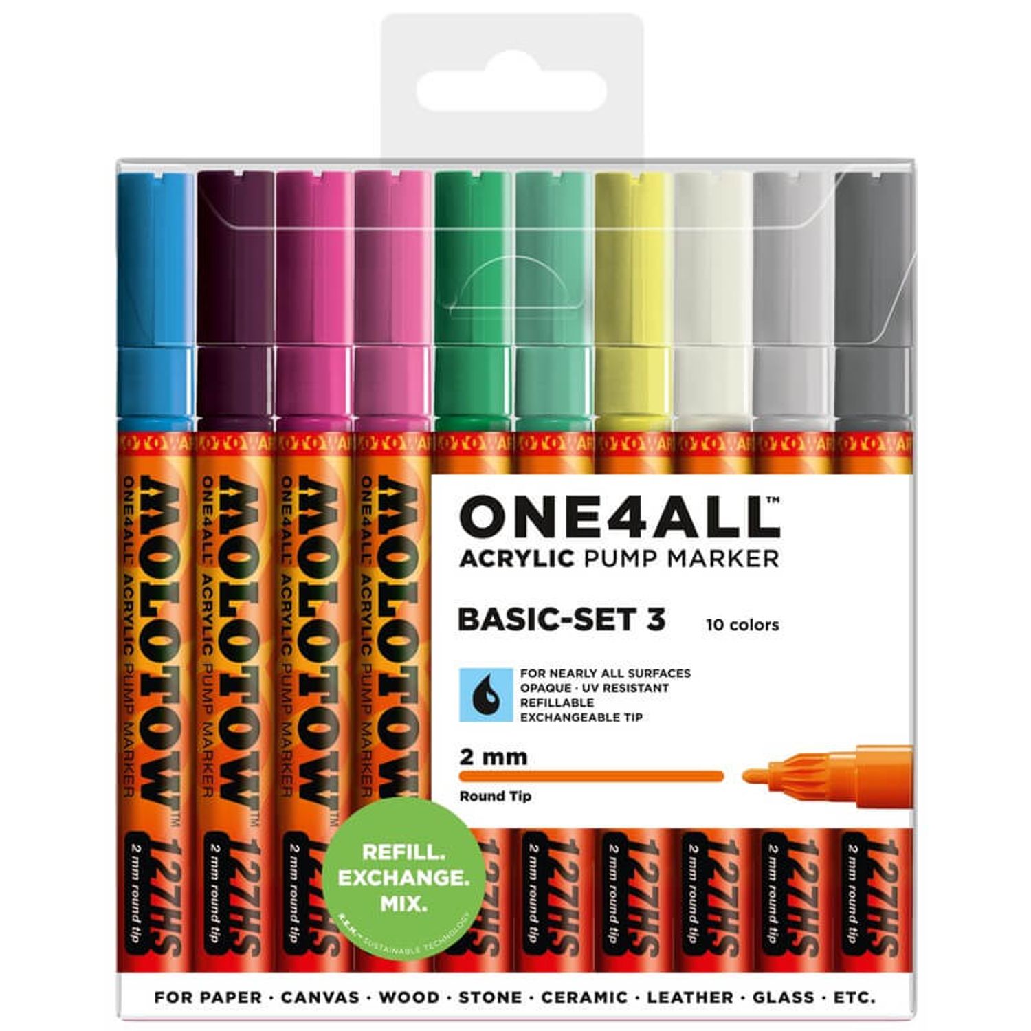 Marker acrilic Molotow One4All 127HS 2mm portofel Basic-Set 3 10 buc fotografia produsului