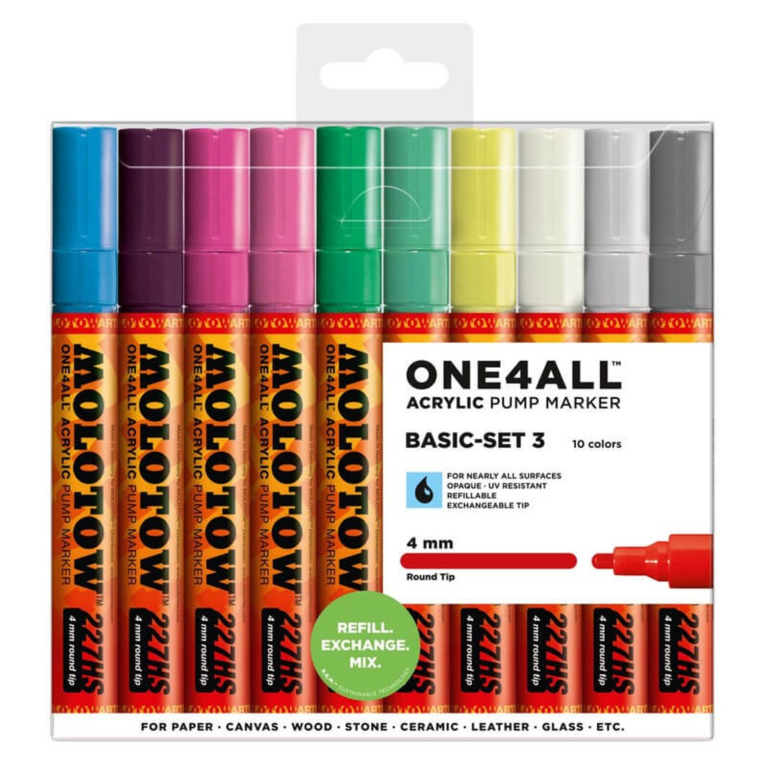 Marker acrilic Molotow One4All 227HS 4mm portofel Basic-Set 3 10 buc fotografia produsului