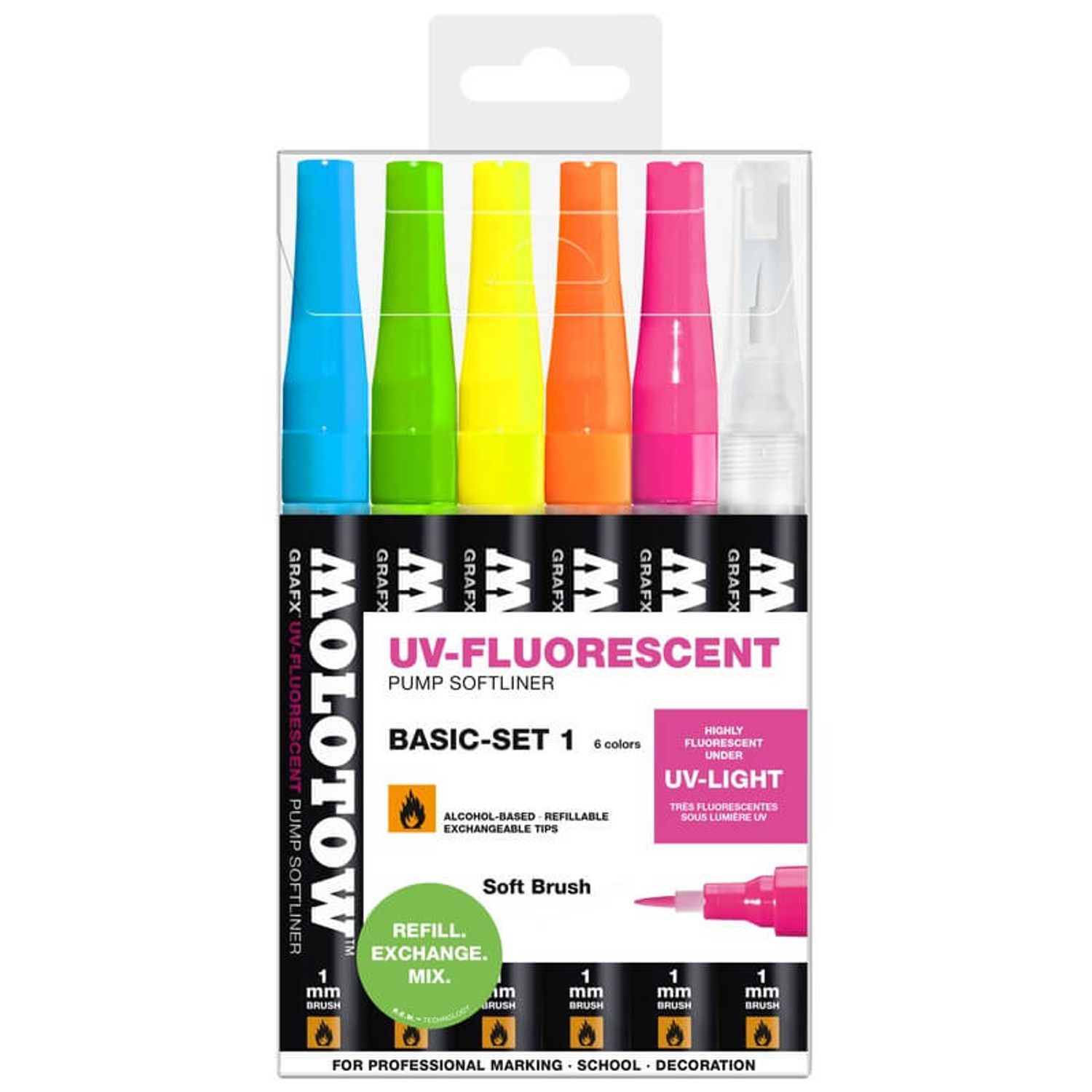 Softliner cu pompita Molotow UV-Fluorescent 1mm portofel Basic-Set 1 6 buc fotografia produsului