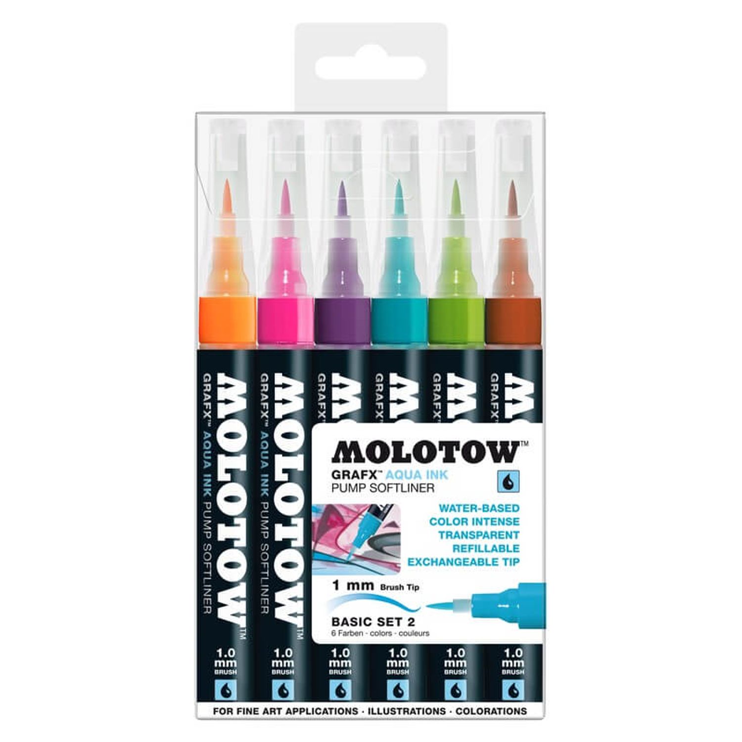 Softliner cu pompita Molotow Aqua 1mm portofel Basic-Set 2 6 buc fotografia produsului