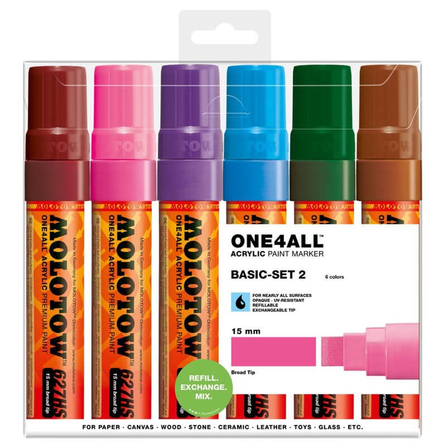 Marker acrilic Molotow One4All 627HS 15mm portofel Basic-Set 2 6 buc fotografia produsului