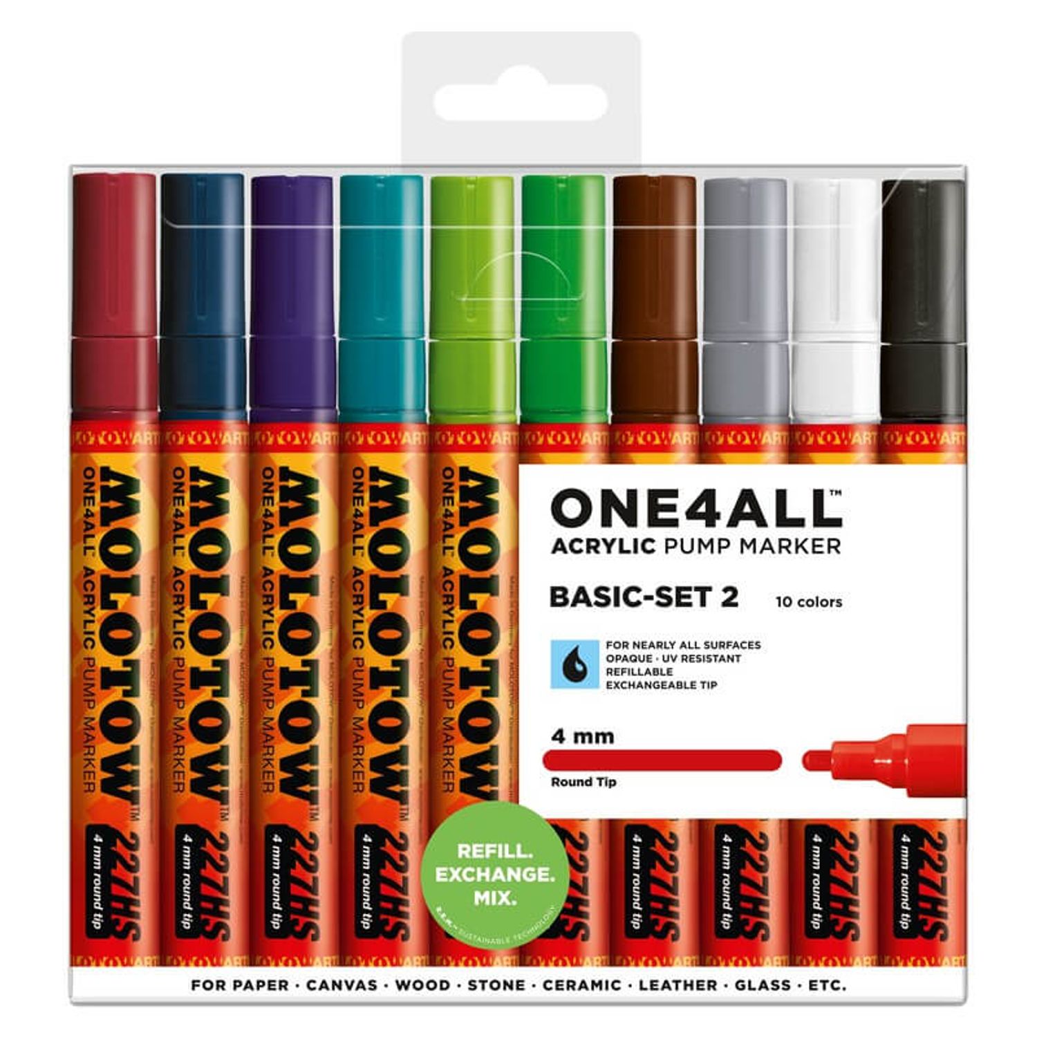 Marker acrilic Molotow ONE4ALL 227HS portofel Basic-Set 2, 10 buc. fotografia produsului
