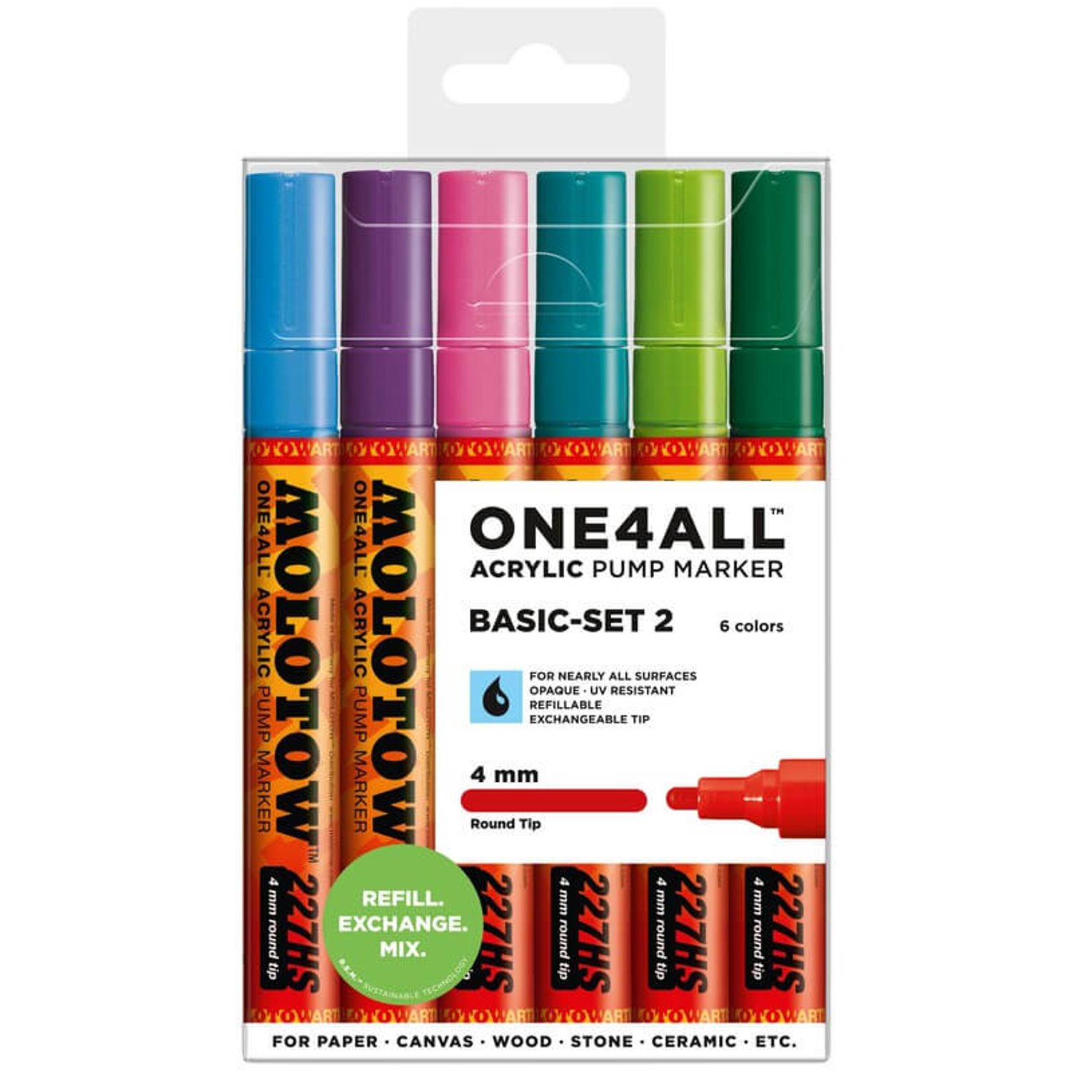 Marker acrilic Molotow One4All 227HS 4mm portofel Basic-Set 2 6 buc fotografia produsului
