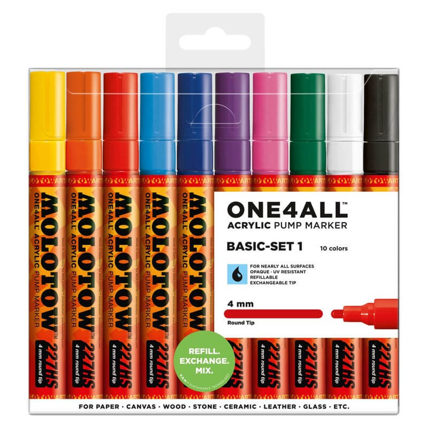 Marker acrilic Molotow ONE4ALL 227HS portofel Basic-Set 1, 10 buc. fotografia produsului