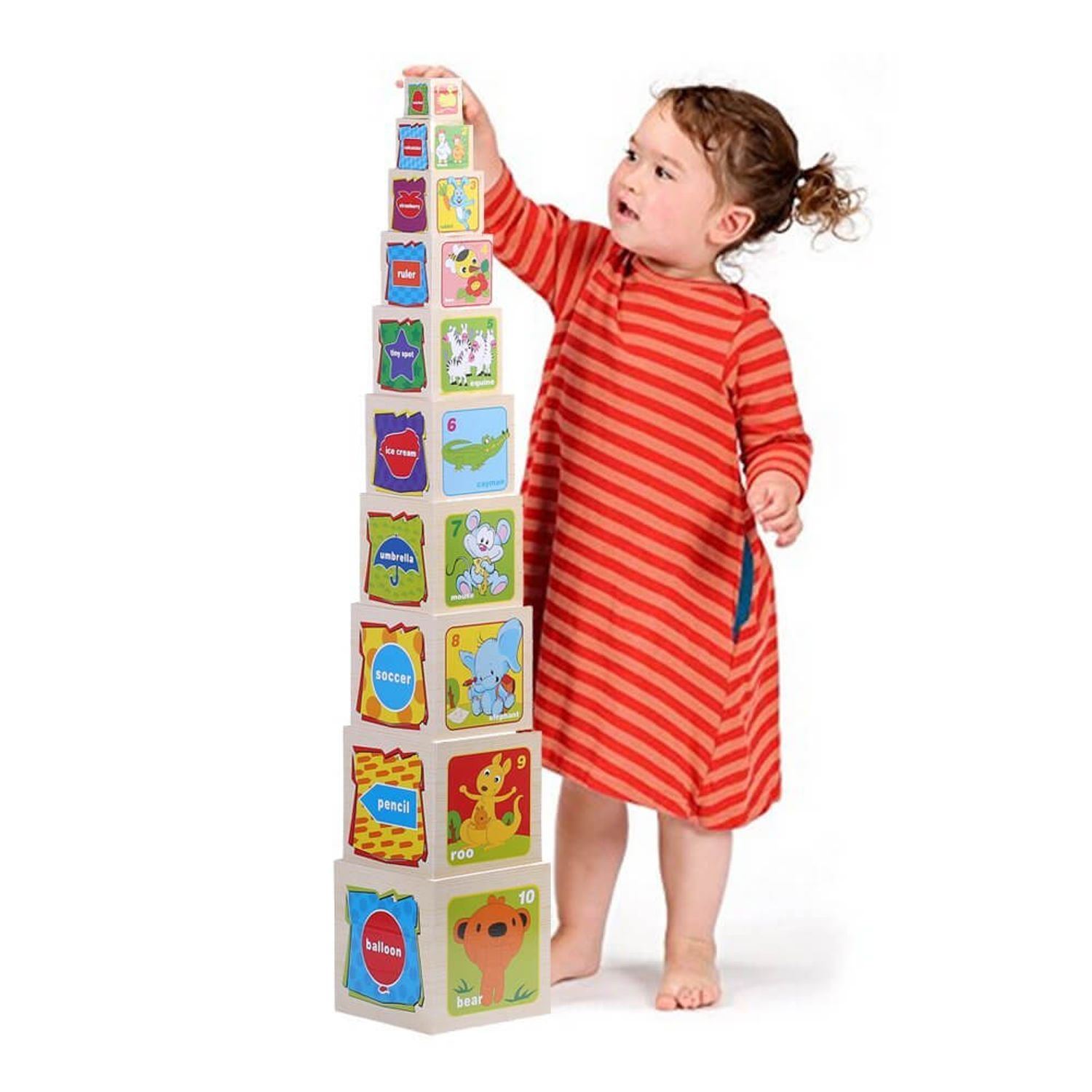 Set 10 cuburi din lemn, Turn, Piramida Montessori fotografia produsului