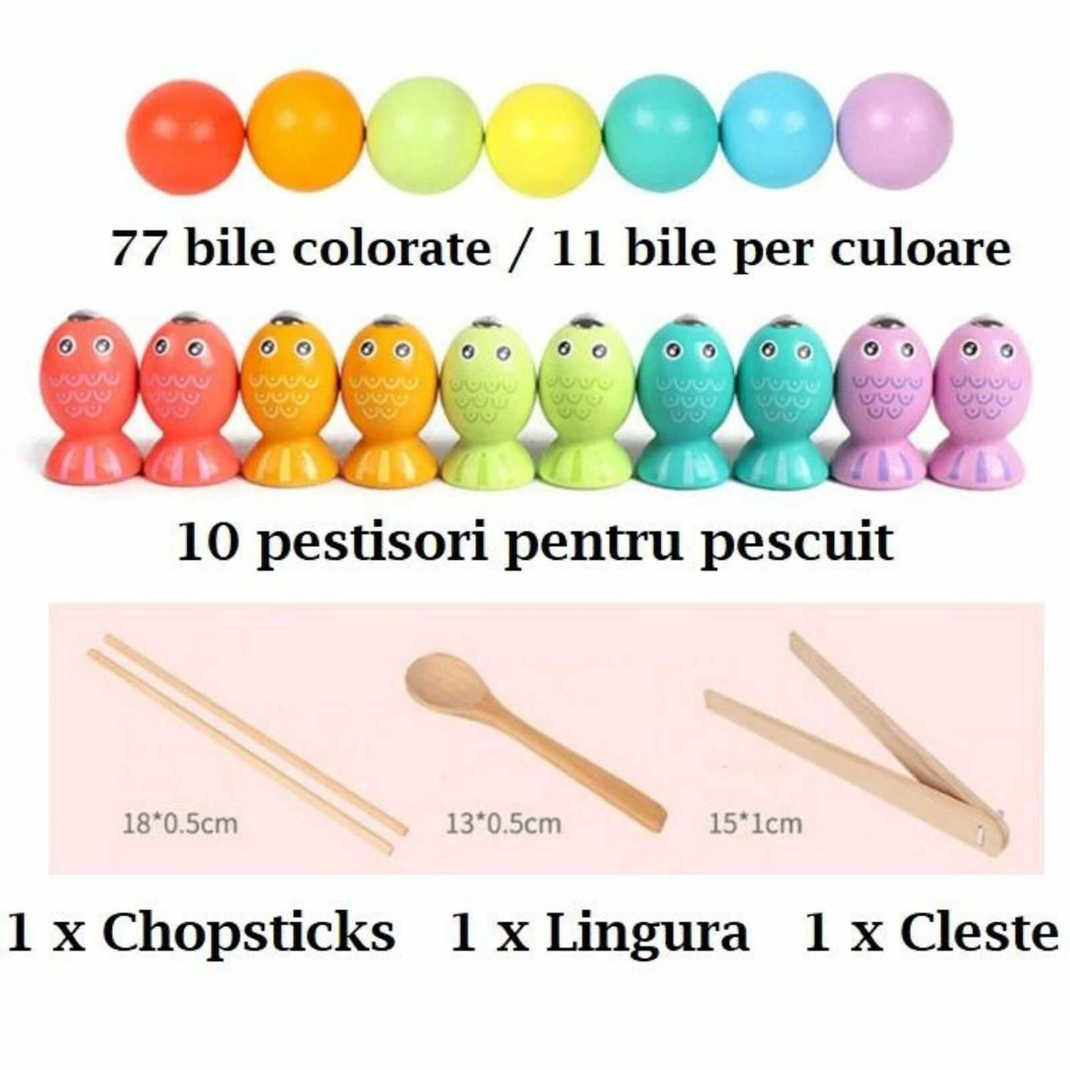 Joc Montessori de pescuit, indemanare, sortare si asociere culori cu boluri, betisoare, penseta si lingura din lemn fotografia produsului View 2 L