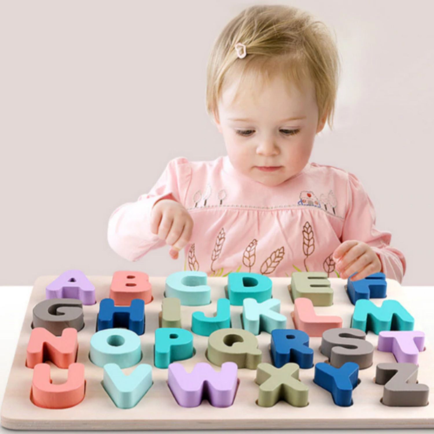 Litere din lemn - puzzle incastru culori pastel fotografia produsului View 2 L