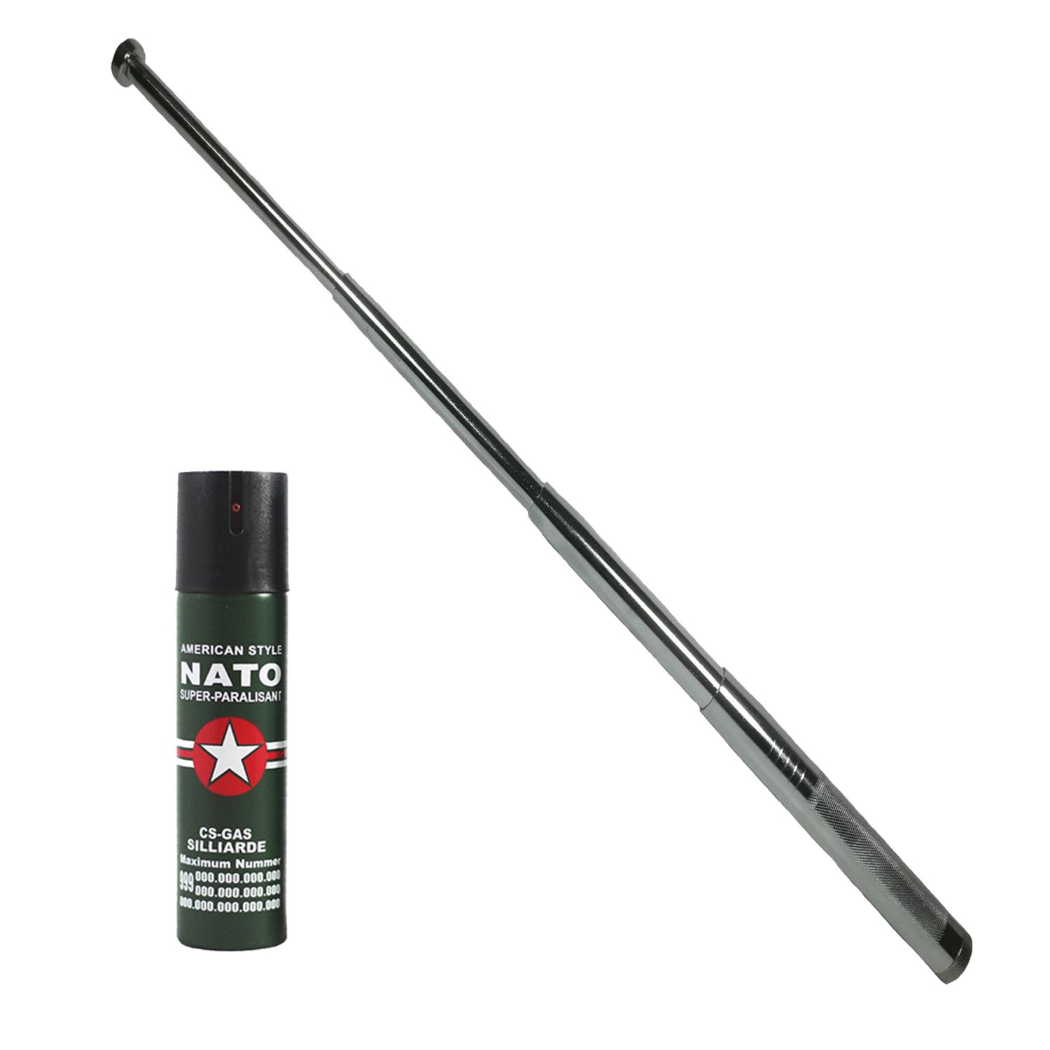 Baston telescopic 65 cm, argintiu, 4 sectiuni, cadou spray NATO 60 ml fotografia produsului