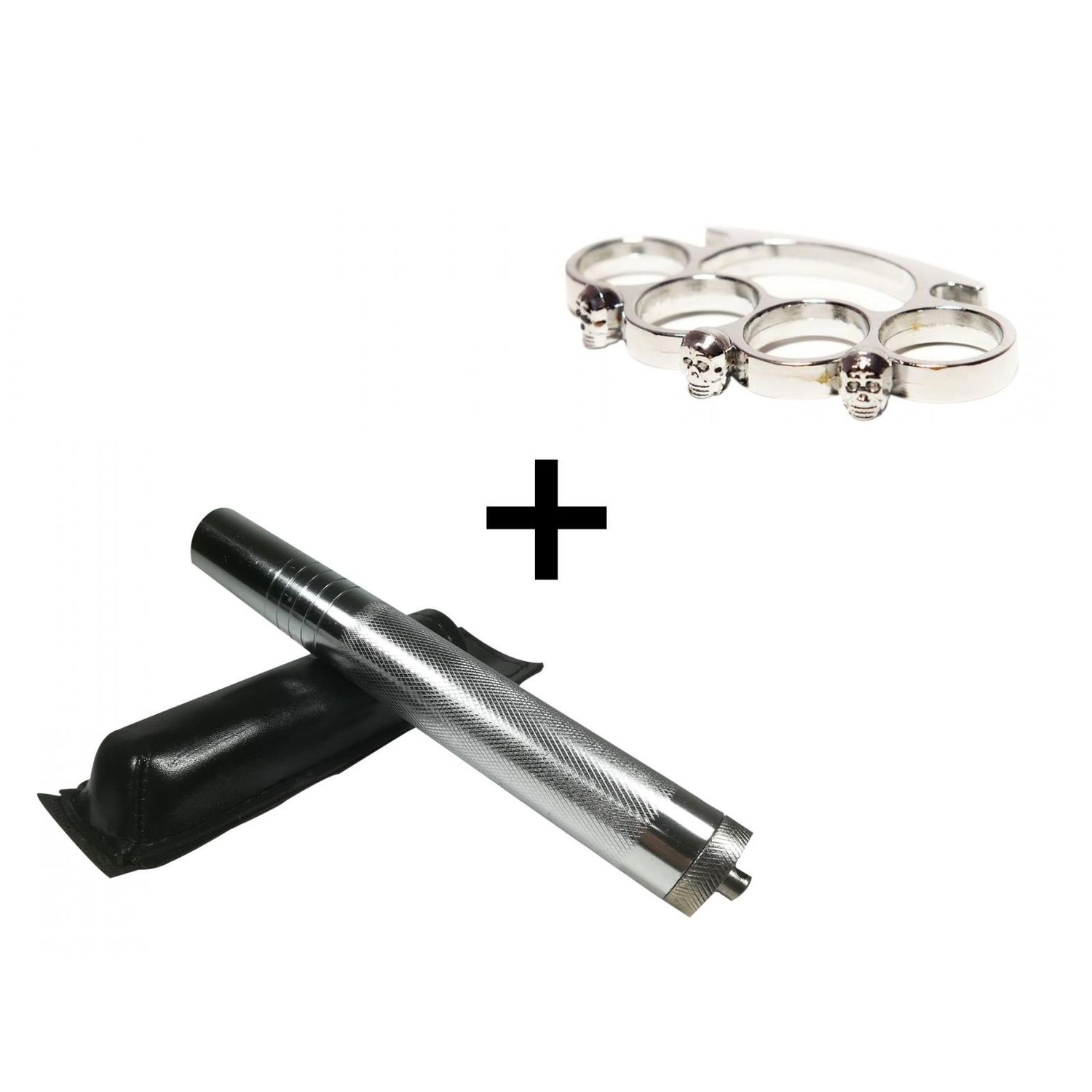 Set baston telescopic din otel, argintiu, 64 cm + box craniu argintiu fotografia produsului