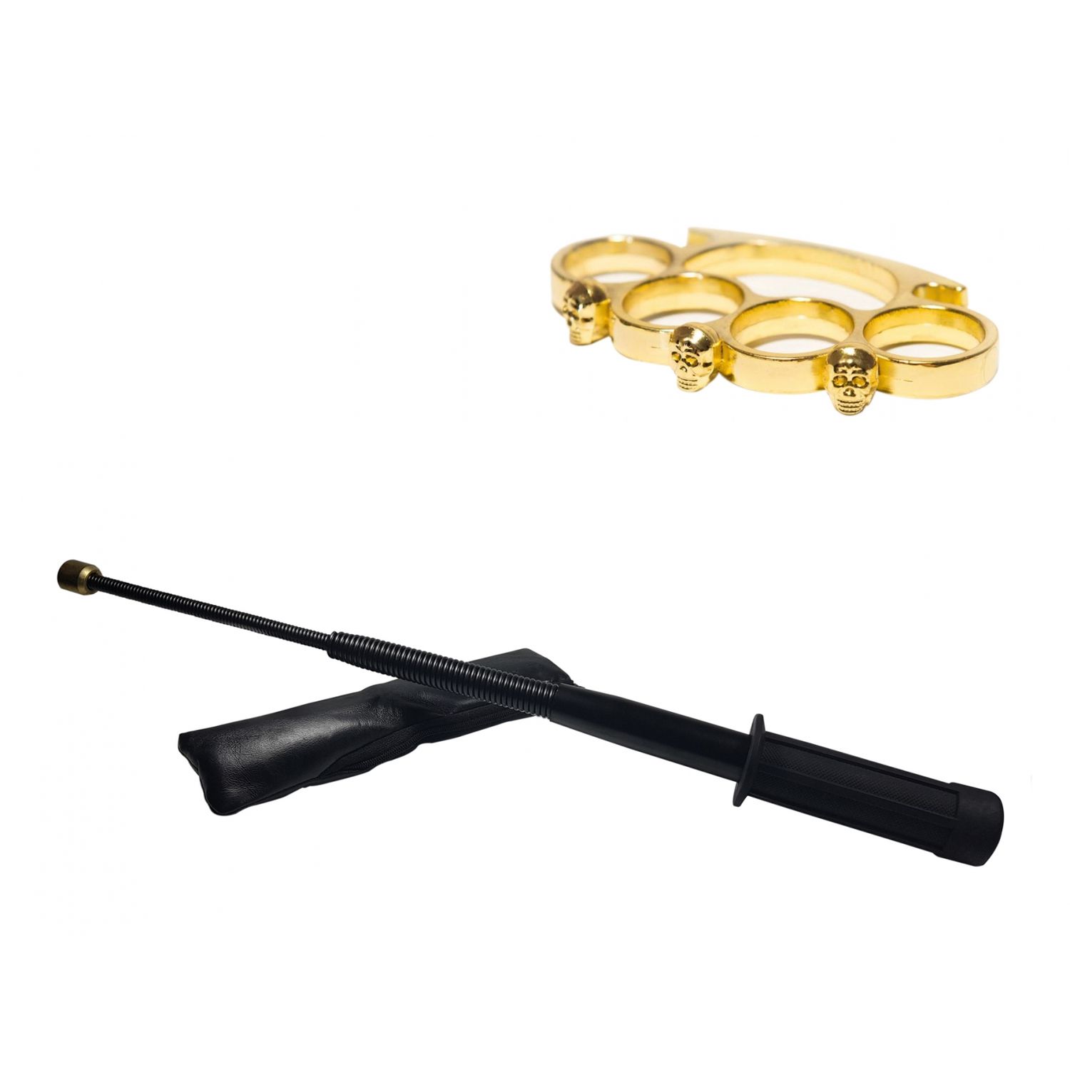 Set baston telescopic flexibil negru maner tip tonfa 47 cm + box craniu auriu fotografia produsului