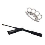 Set baston telescopic flexibil negru maner tip tonfa +  pumnal/box craniu argintiu fotografia produsului