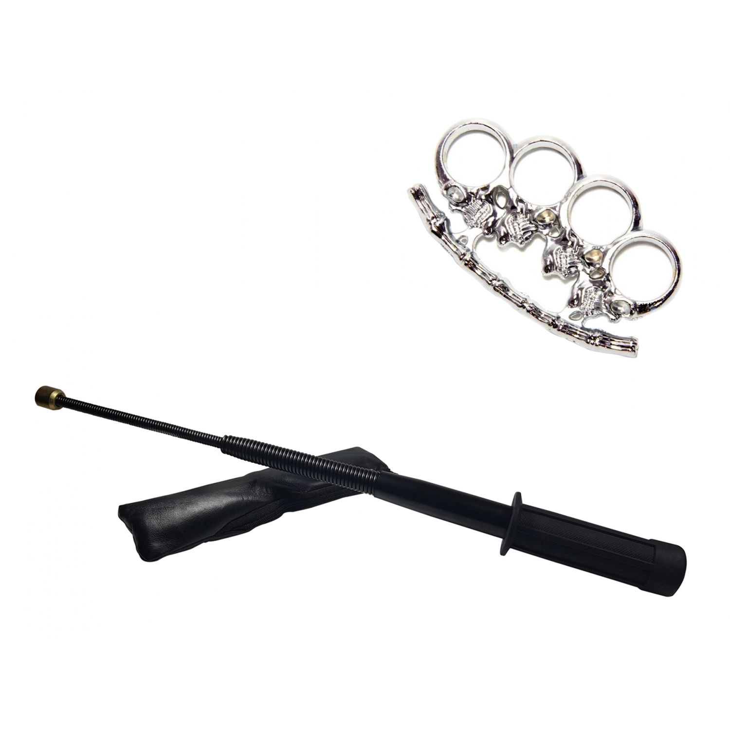 Set baston telescopic flexibil negru maner tip tonfa +  pumnal/box craniu argintiu fotografia produsului