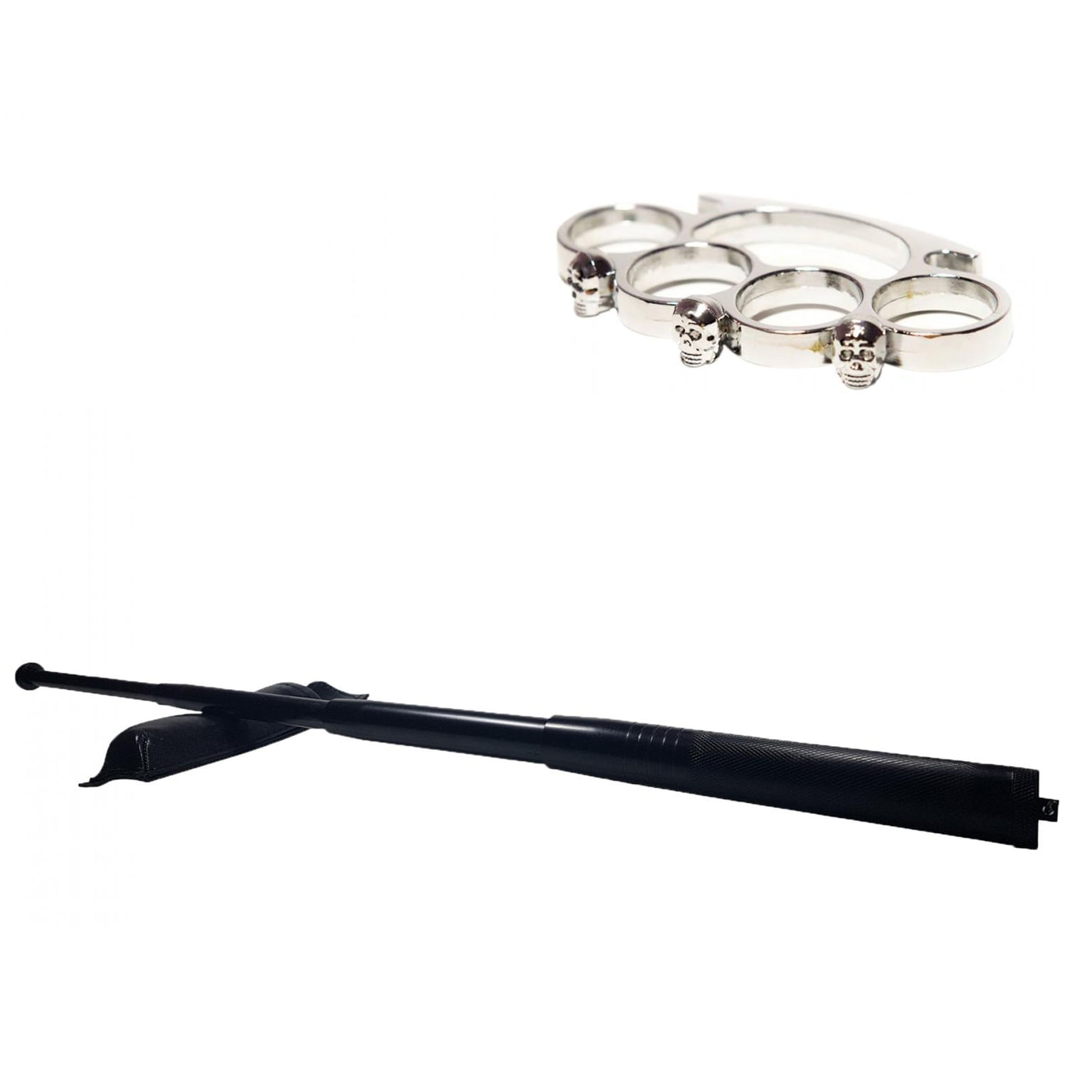 Set baston telescopic din otel, negru, 64 cm + box craniu argintiu fotografia produsului