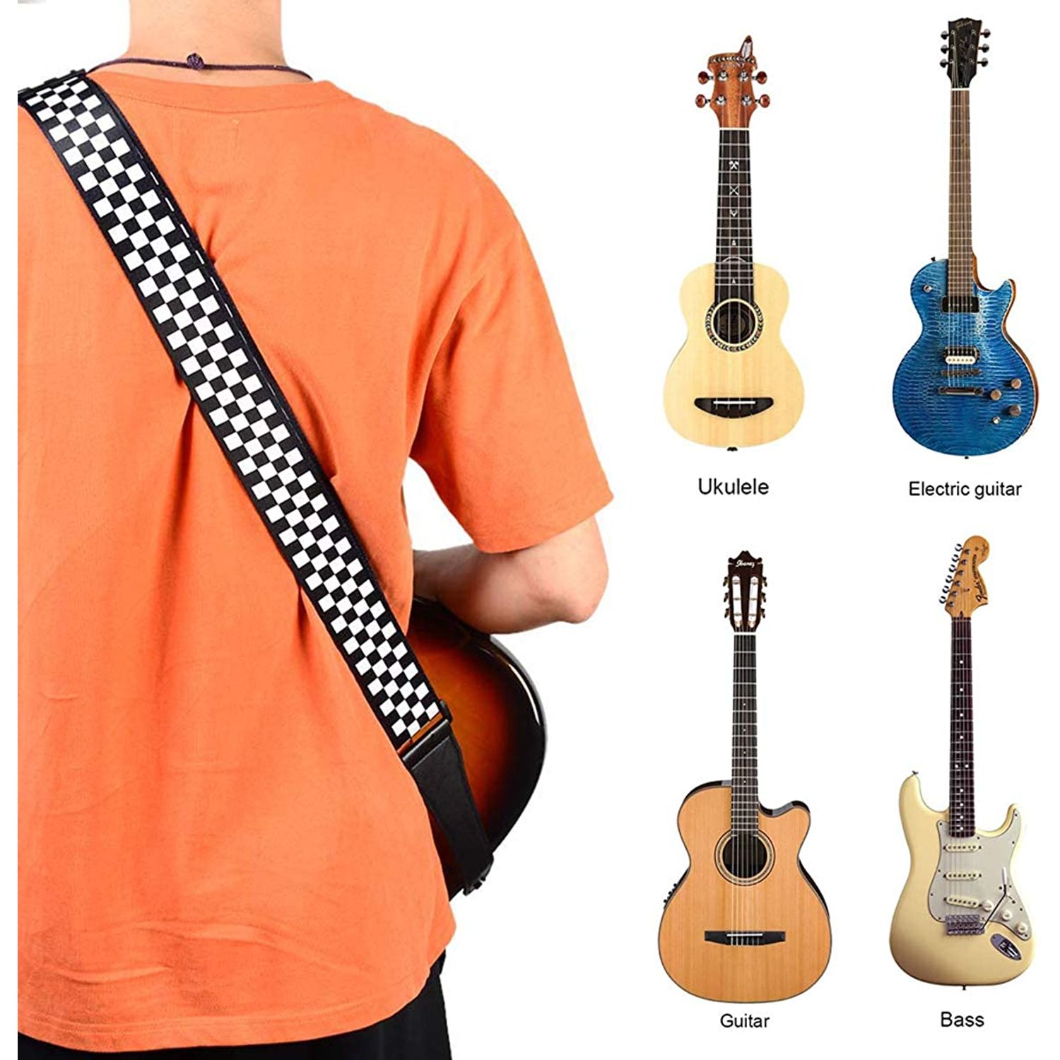 Curea pentru chitara IdeallStore&reg;, Check Sound, nylon, 155 cm, negru fotografia produsului View 9 L