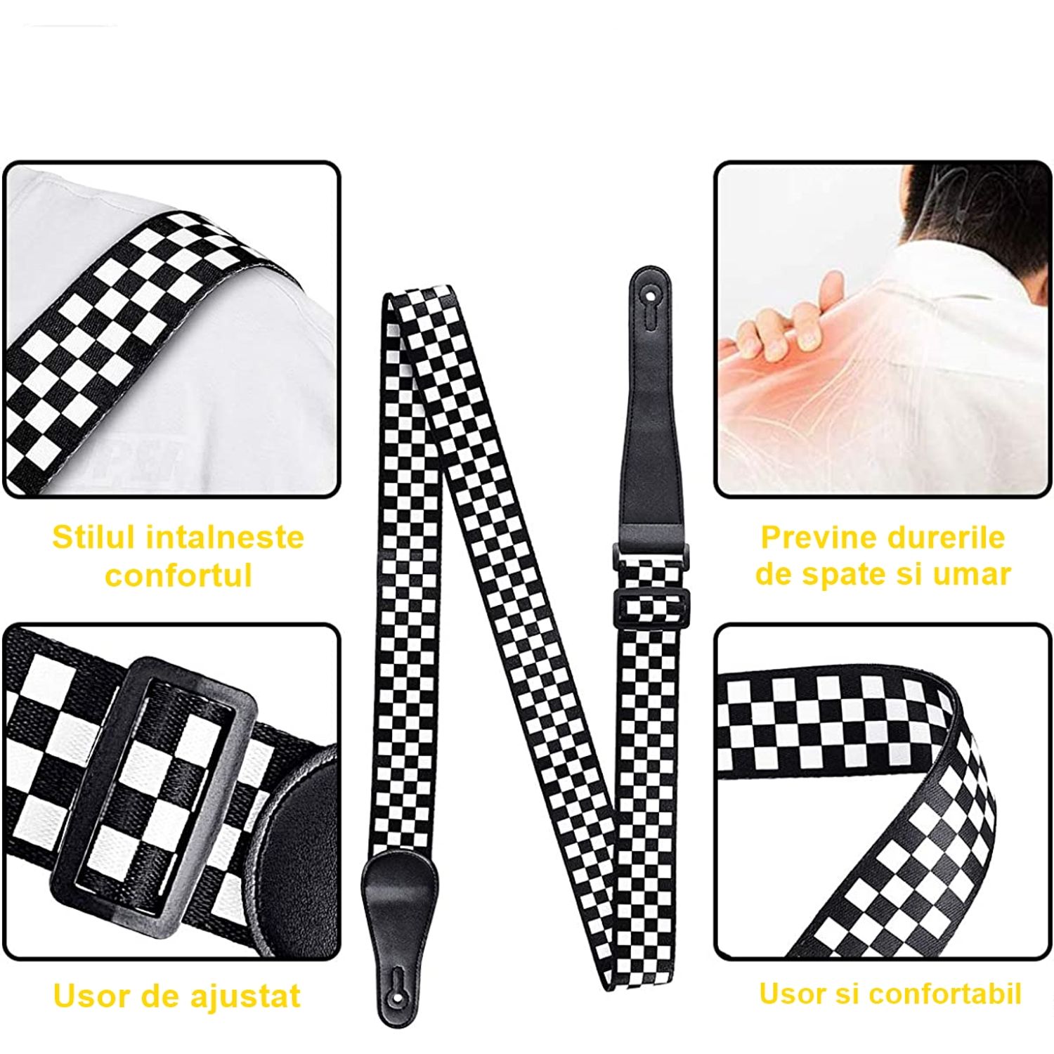 Curea pentru chitara IdeallStore&reg;, Check Sound, nylon, 155 cm, negru fotografia produsului View 7 L