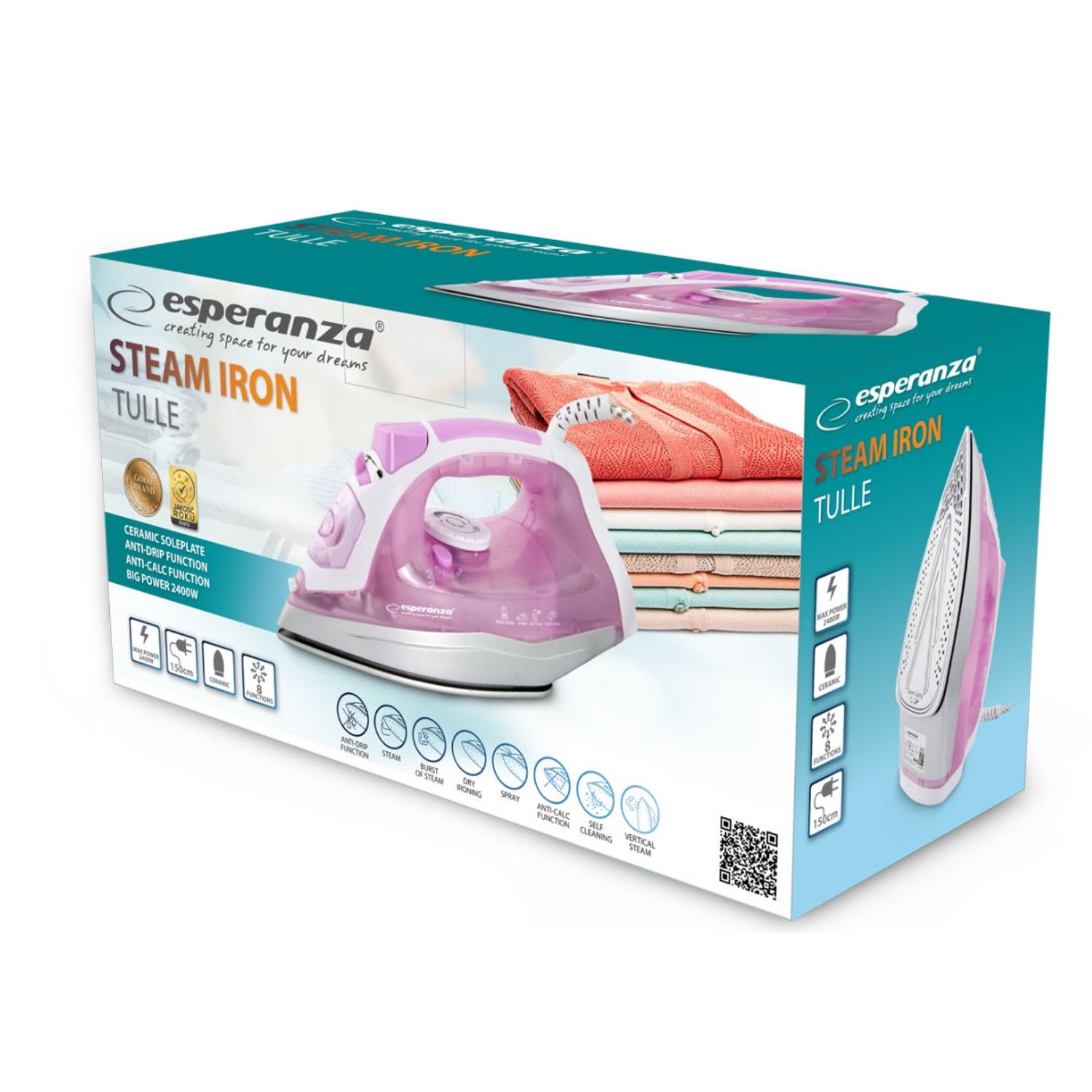 Fier de calcat ESPERANZA Tulle Ceramic, 2400W (Alb/Roz) fotografia produsului View 8 L
