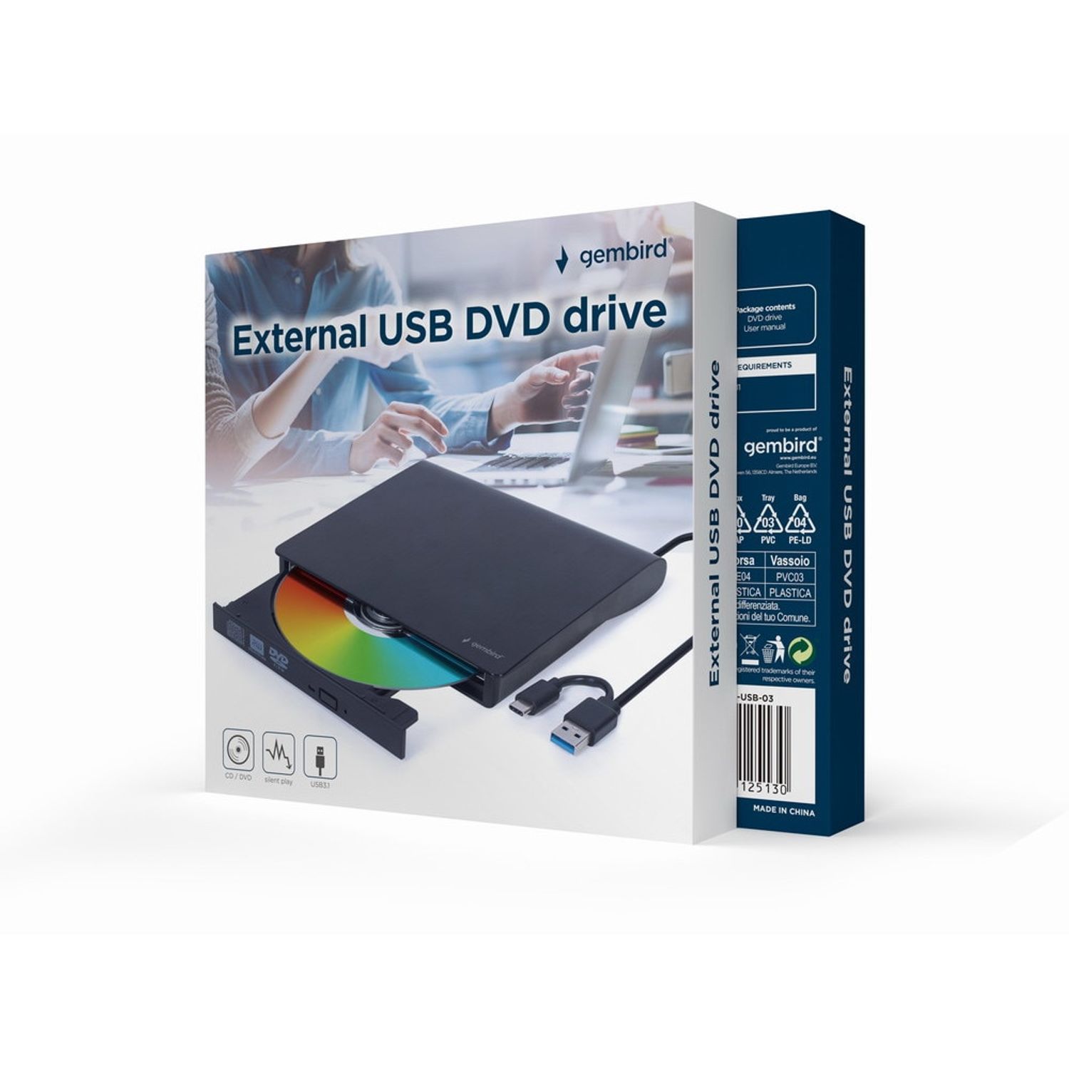 Scriitor/cititor DVD extern cu USB-C/USB-A, Gembird DVD-USB-03, Negru fotografia produsului View 2 L