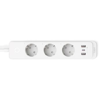 Prelungitor Inteligent TP-LINK Tapo P300, Schuko X 3, USB X 2, USB Type-C X 1, 1.5m, Bluetooth, WiFi (Alb)