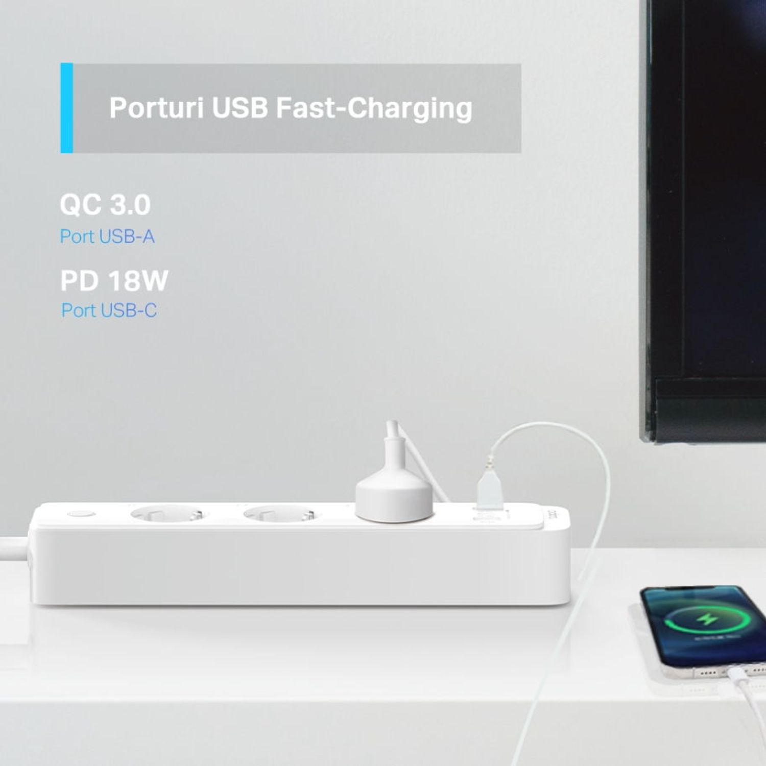 Prelungitor inteligent TP-LINK Tapo P300, Schuko x 3, USB x 2, USB Type-C x 1, 1.5m, Bluetooth, WiFi (Alb) fotografia produsului View 3 L