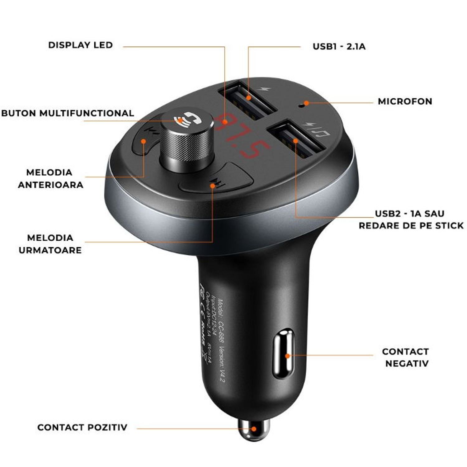 Modulator FM Mcdodo CC-6880, Dual USB, display, 3.1 A, bluetooth 4.2 (Negru) fotografia produsului View 8 L