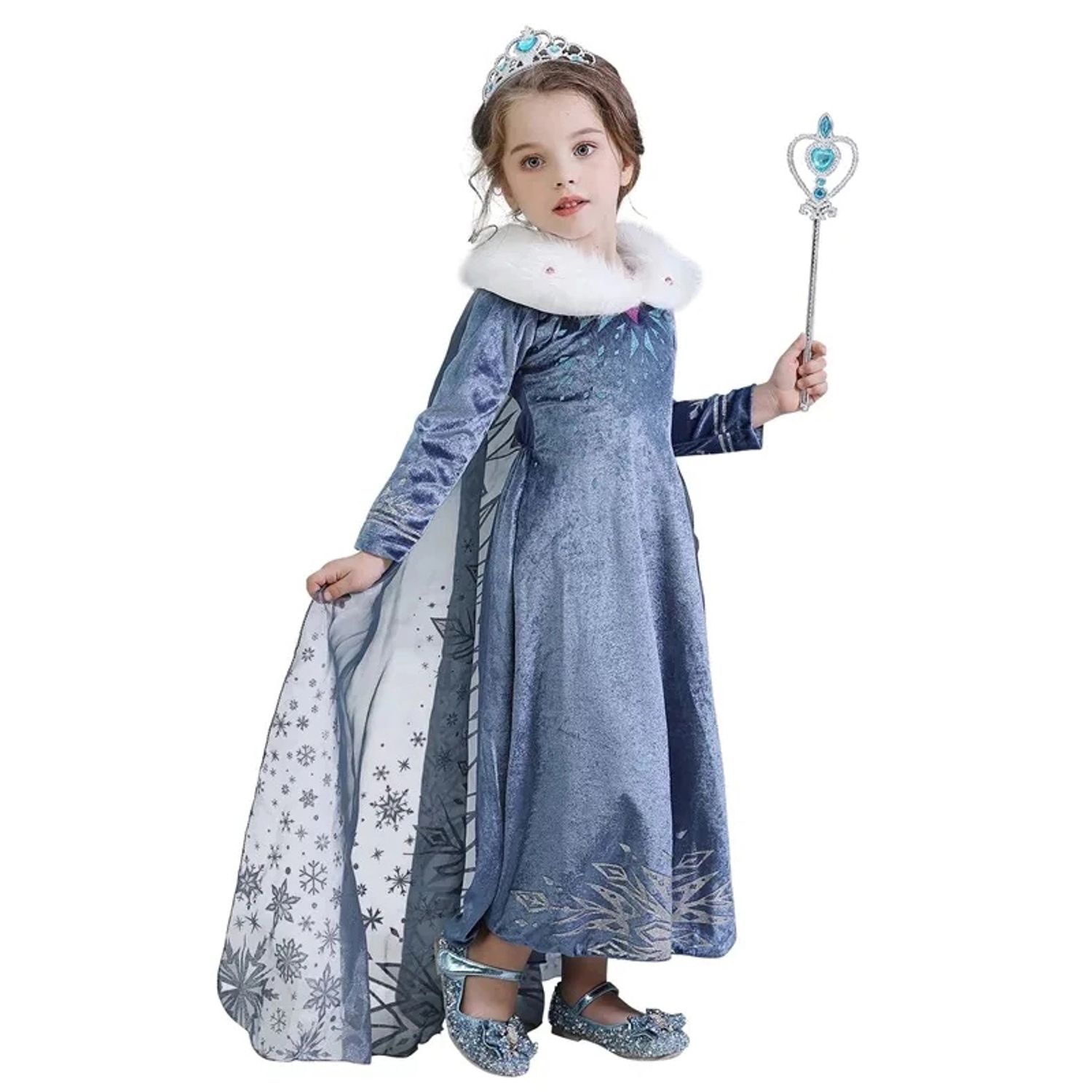 Costum Elsa cu guler blana pentru fete 3-4 ani 104 cm fotografia produsului View 2 L