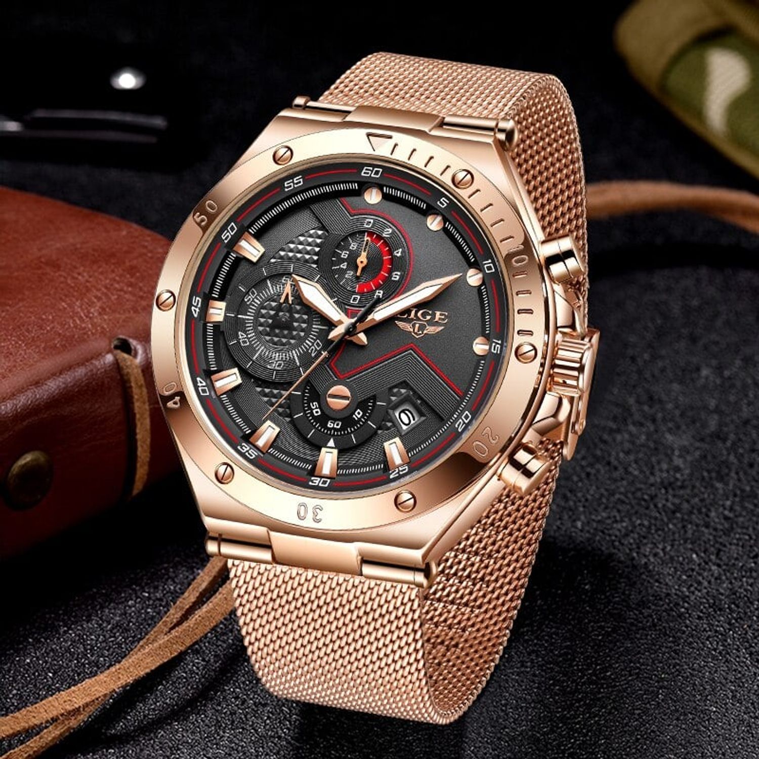Ceas barbatesc de mana Lige Cronograf Casual Analog Elegant Quartz fotografia produsului View 6 L