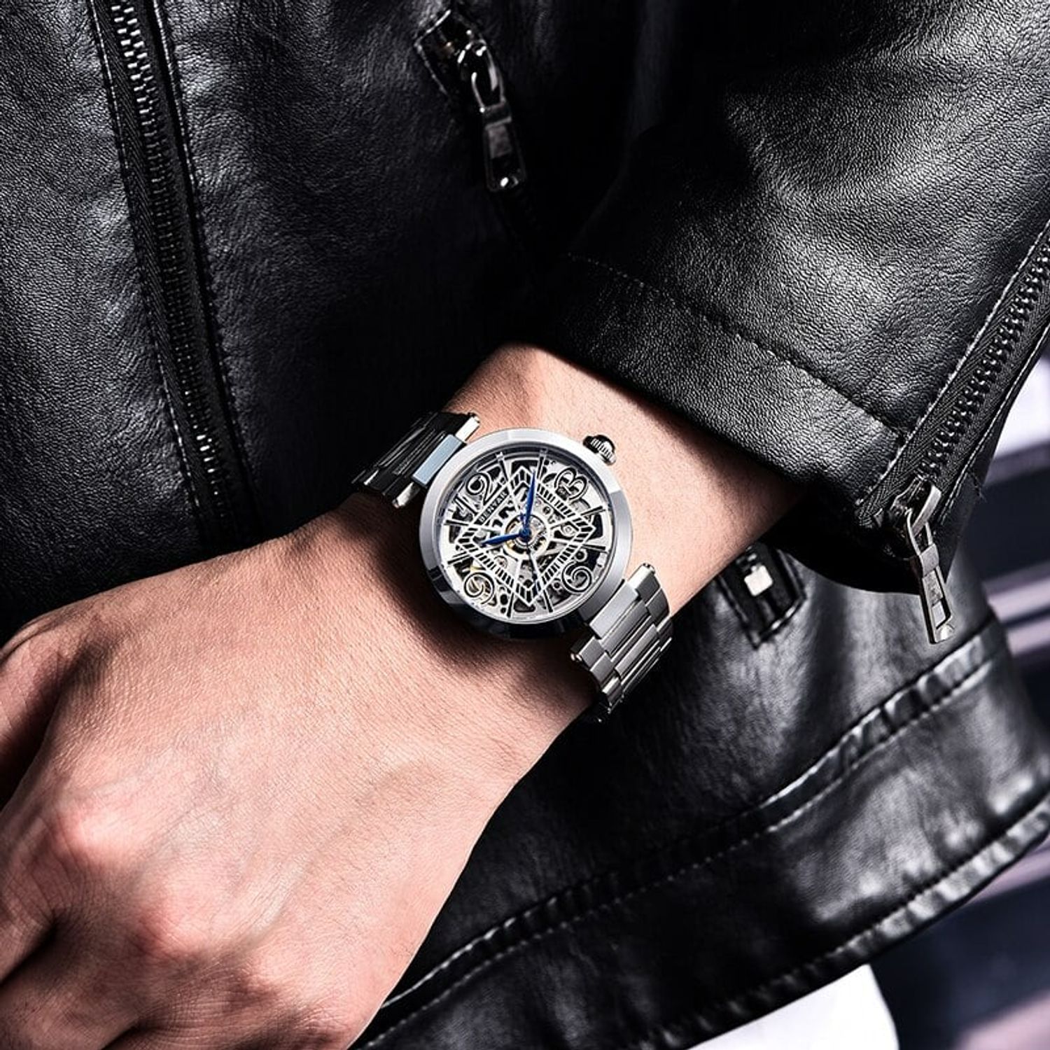Ceas barbatesc Benyar Mecanic Automatic Skeleton Analog Otel fotografia produsului View 2 L