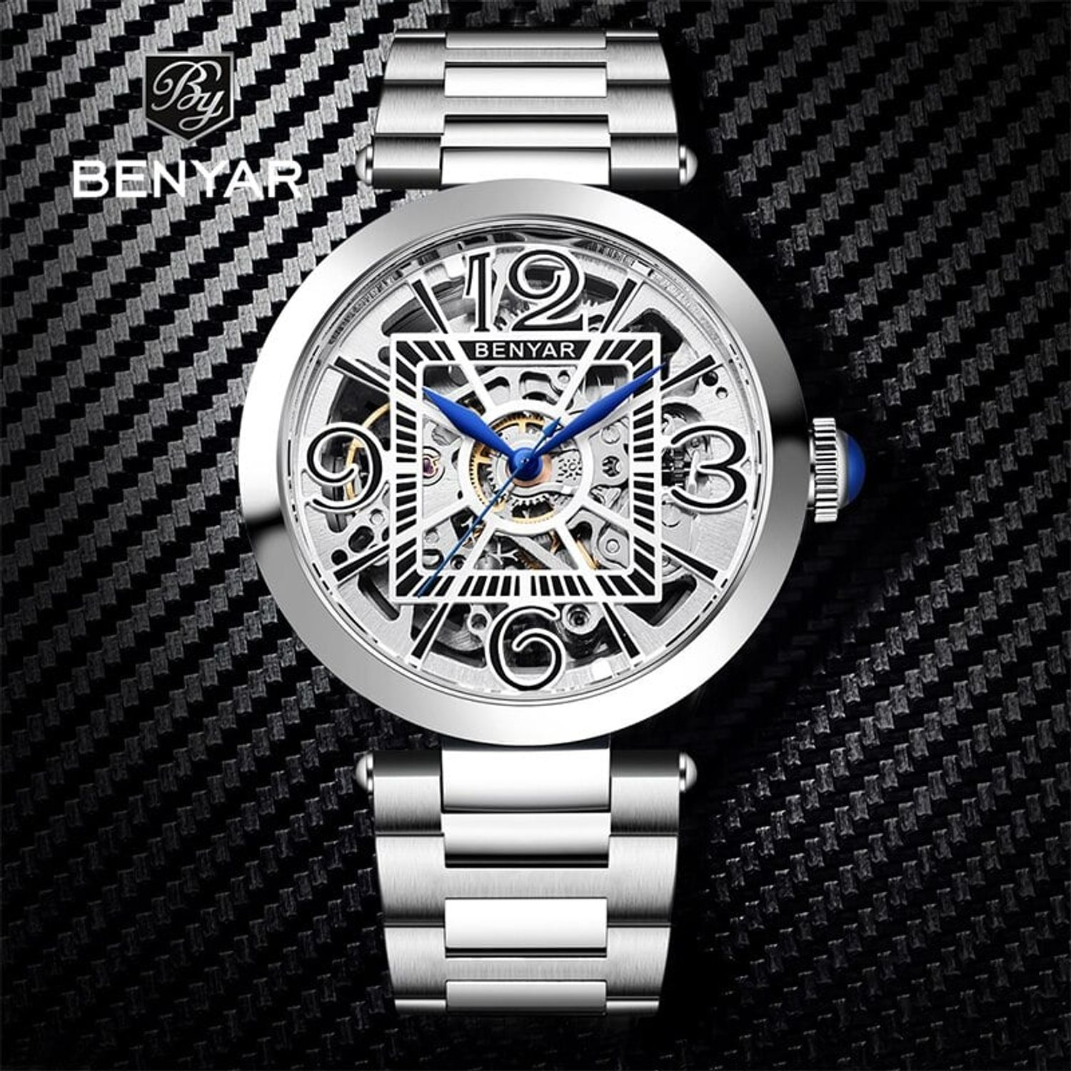 Ceas barbatesc Benyar Mecanic Automatic Skeleton Analog Otel fotografia produsului View 5 L