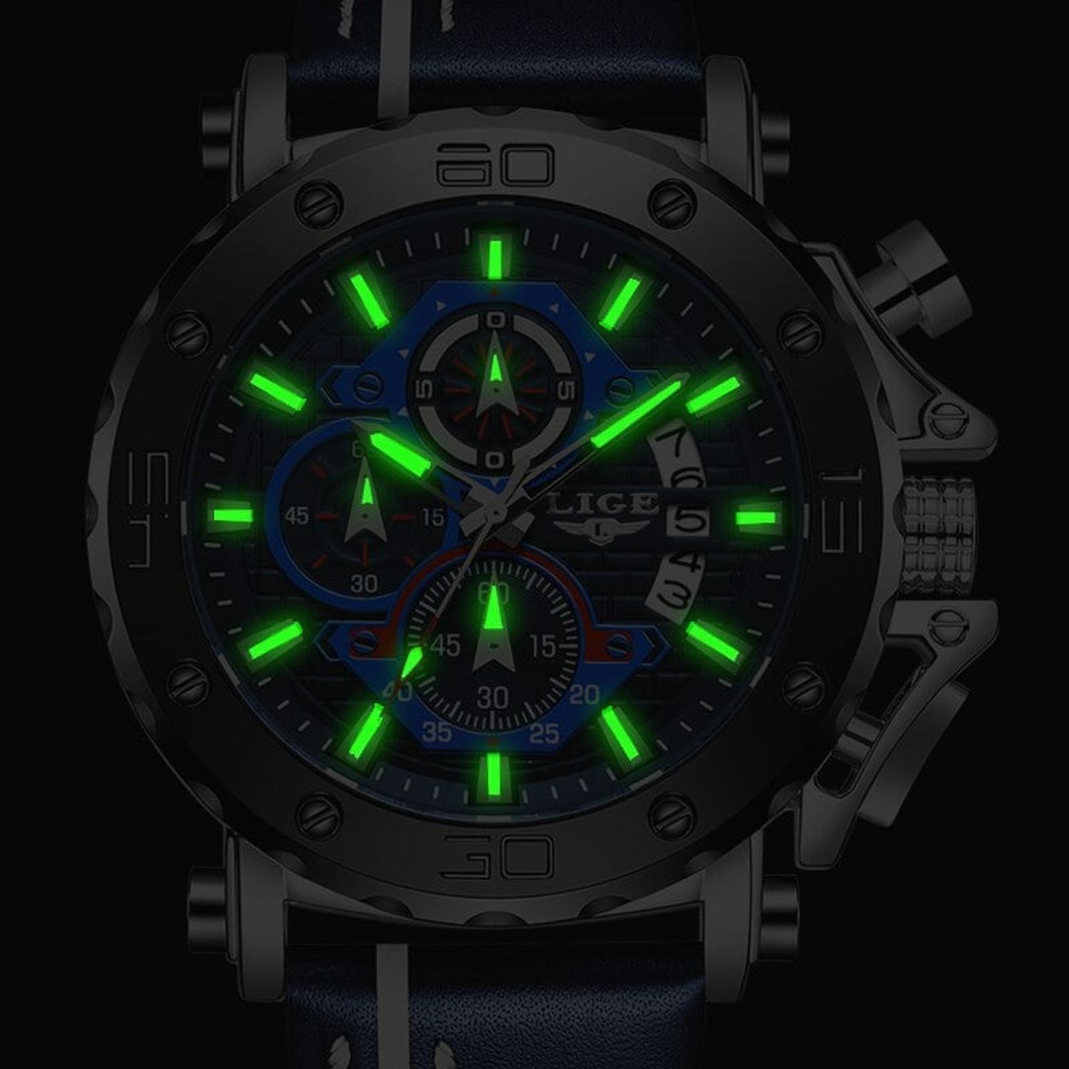 Ceas barbatesc de mana Lige Cronograf Elegant Luxury Analog Quartz Curea din piele naturala fotografia produsului View 4 L