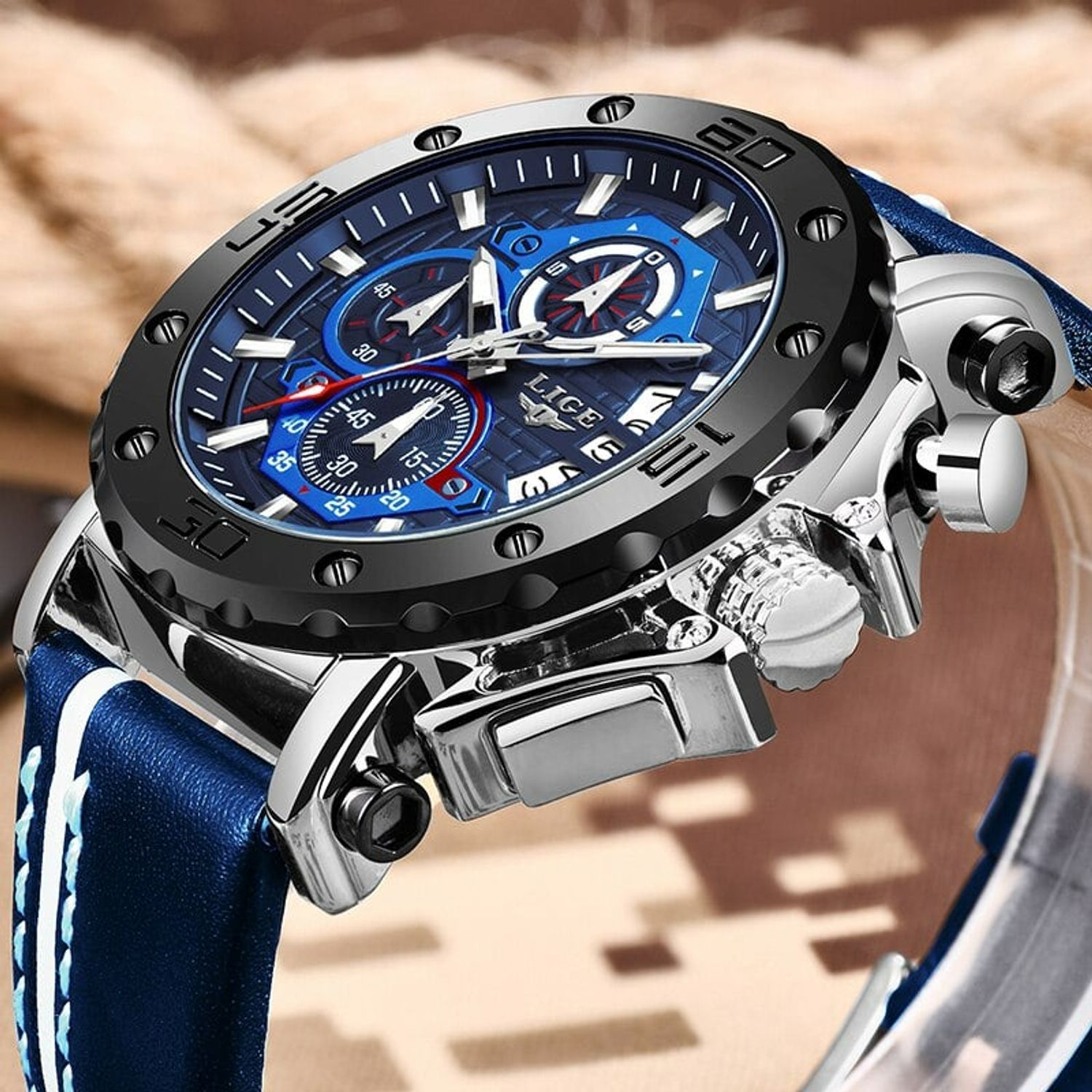 Ceas barbatesc de mana Lige Cronograf Elegant Luxury Analog Quartz Curea din piele naturala fotografia produsului View 5 L