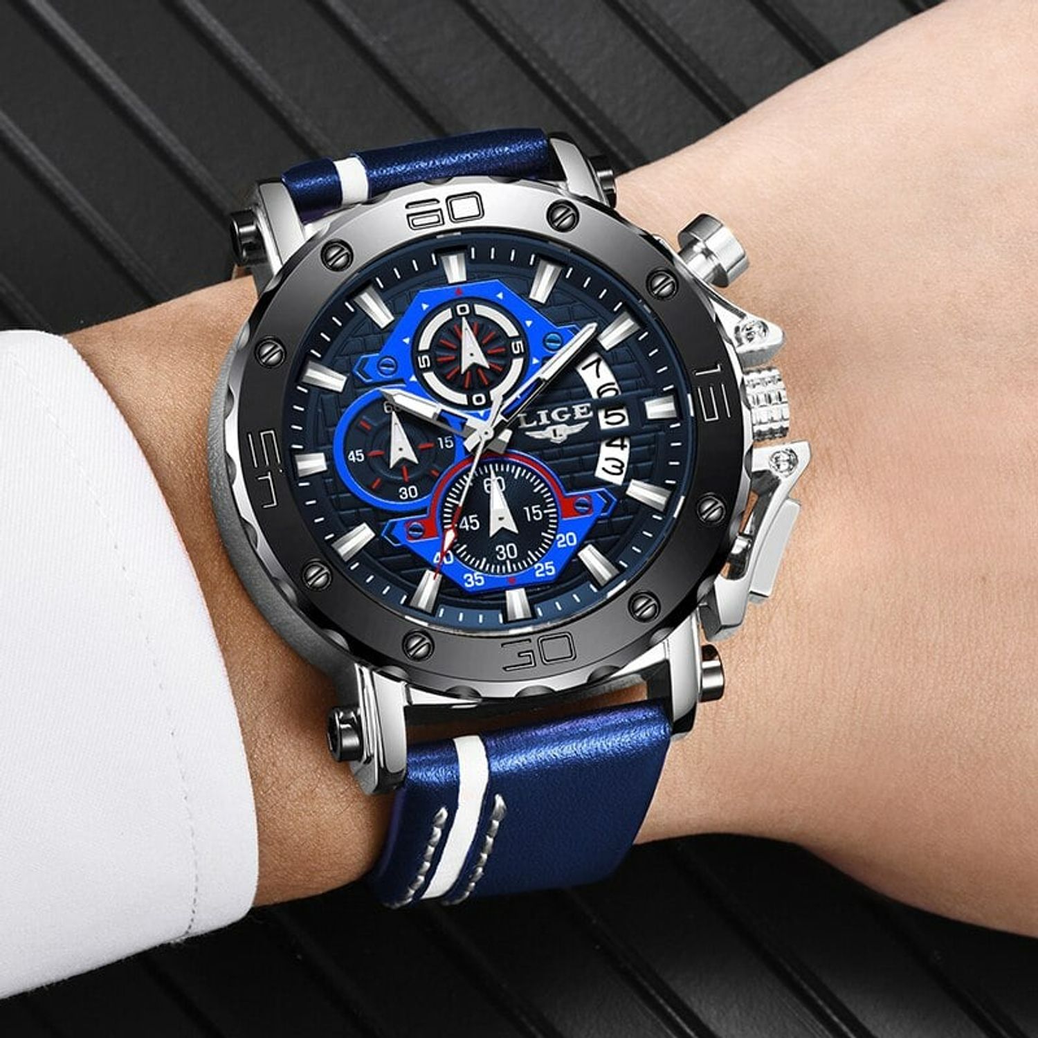 Ceas barbatesc de mana Lige Cronograf Elegant Luxury Analog Quartz Curea din piele naturala fotografia produsului View 6 L