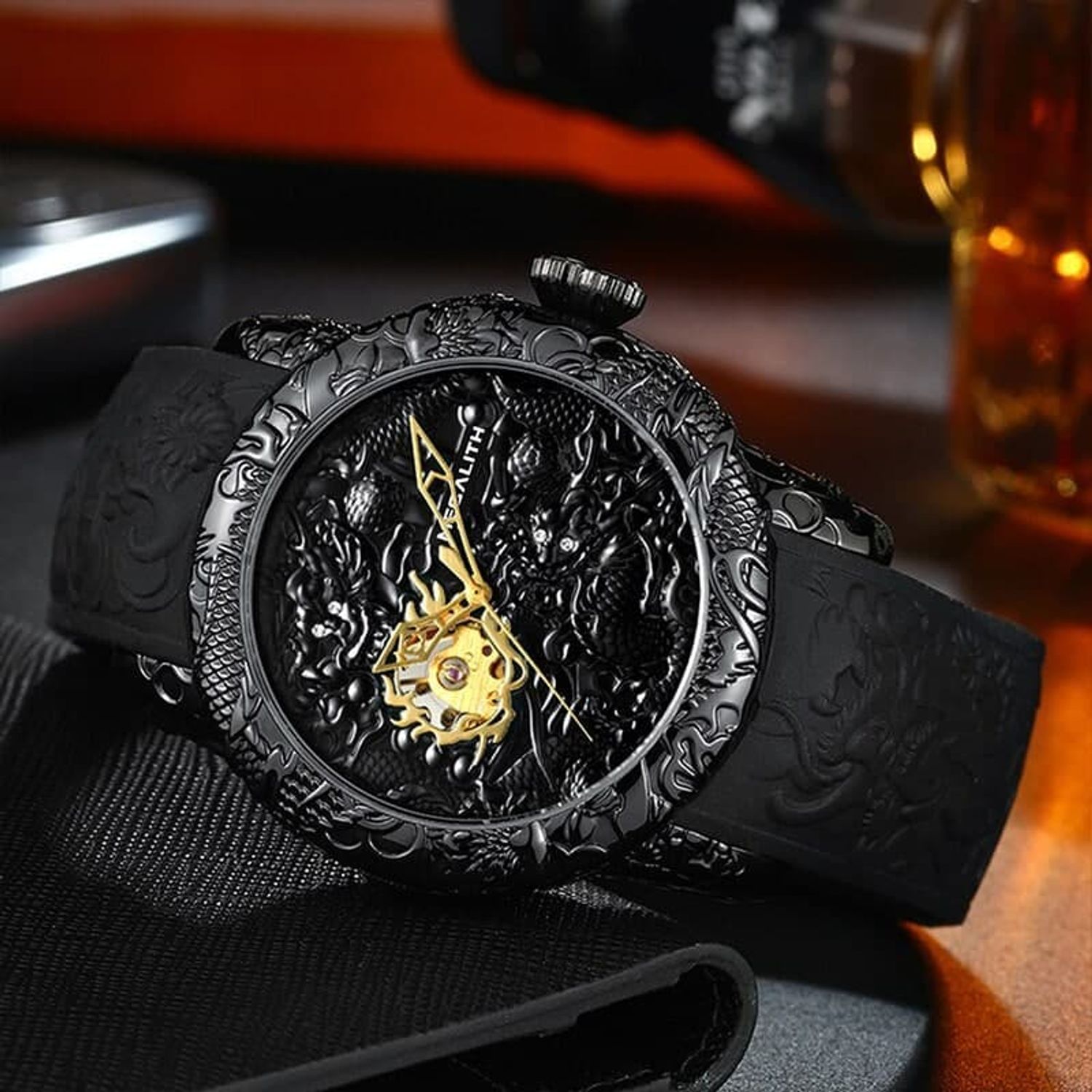 Ceas barbatesc Megalith, Mecanic Automatic, Analog, Business, Elegant, Skeleton, Negru fotografia produsului View 4 L