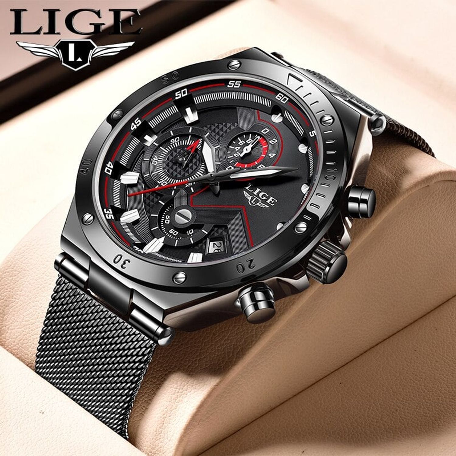 Ceas barbatesc de mana Lige Cronograf Casual Analog Elegant Quartz Negru fotografia produsului View 2 L