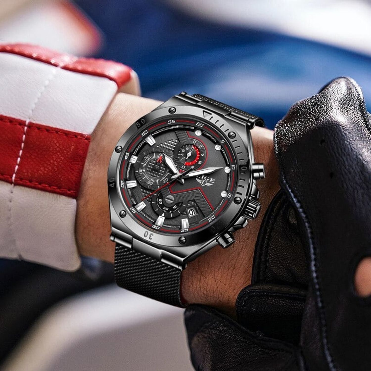 Ceas barbatesc de mana Lige Cronograf Casual Analog Elegant Quartz Negru fotografia produsului View 3 L