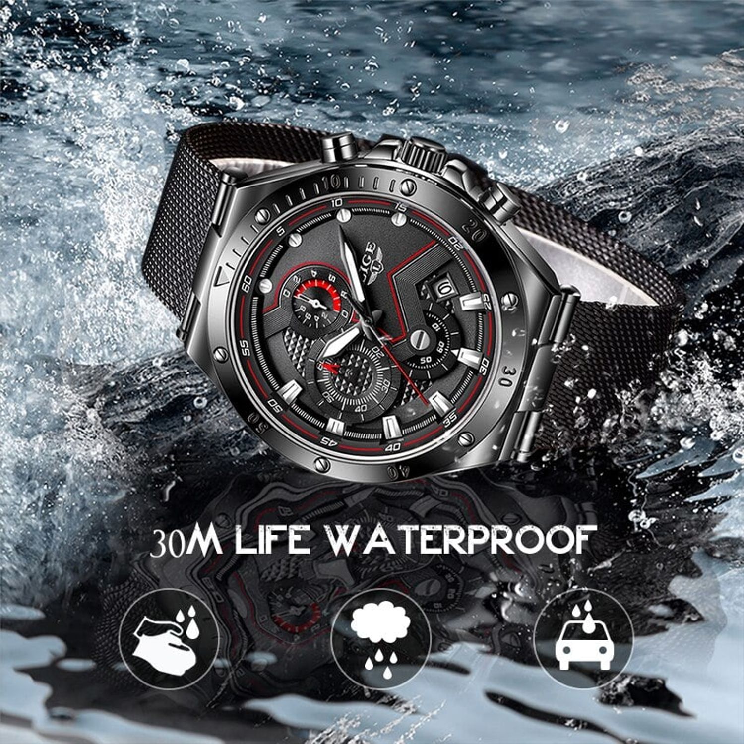 Ceas barbatesc de mana Lige Cronograf Casual Analog Elegant Quartz Negru fotografia produsului View 6 L