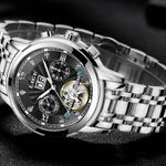 Ceas barbatesc Lige, Mecanic automatic, Analog, Clasic, Business, Elegant, Otel inoxidabil, Indici luminosi, Calendar, Argintiu fotografia produsului View 4 S