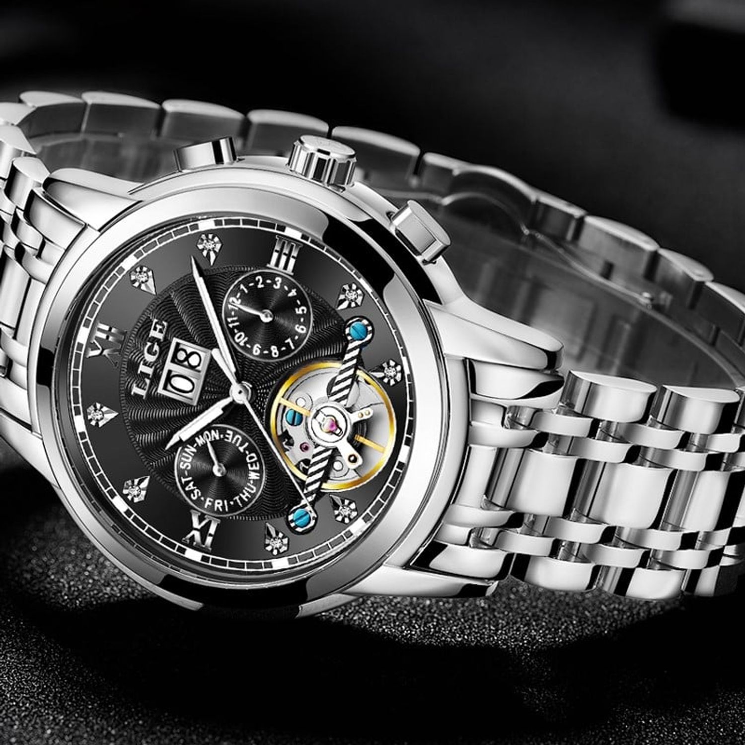 Ceas barbatesc Lige, Mecanic automatic, Analog, Clasic, Business, Elegant, Otel inoxidabil, Indici luminosi, Calendar, Argintiu fotografia produsului View 4 L