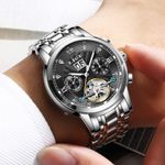 Ceas barbatesc Lige, Mecanic automatic, Analog, Clasic, Business, Elegant, Otel inoxidabil, Indici luminosi, Calendar, Argintiu fotografia produsului View 3 S