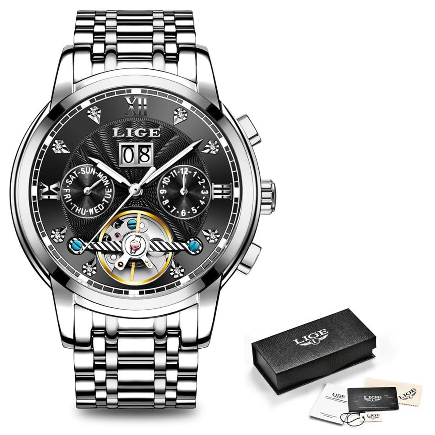 Ceas barbatesc Lige, Mecanic automatic, Analog, Clasic, Business, Elegant, Otel inoxidabil, Indici luminosi, Calendar, Argintiu fotografia produsului View 2 L