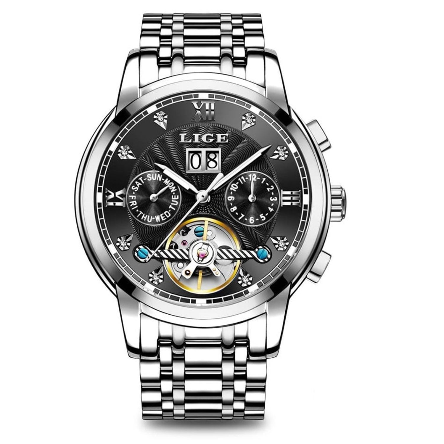 Ceas barbatesc Lige, Mecanic automatic, Analog, Clasic, Business, Elegant, Otel inoxidabil, Indici luminosi, Calendar, Argintiu fotografia produsului