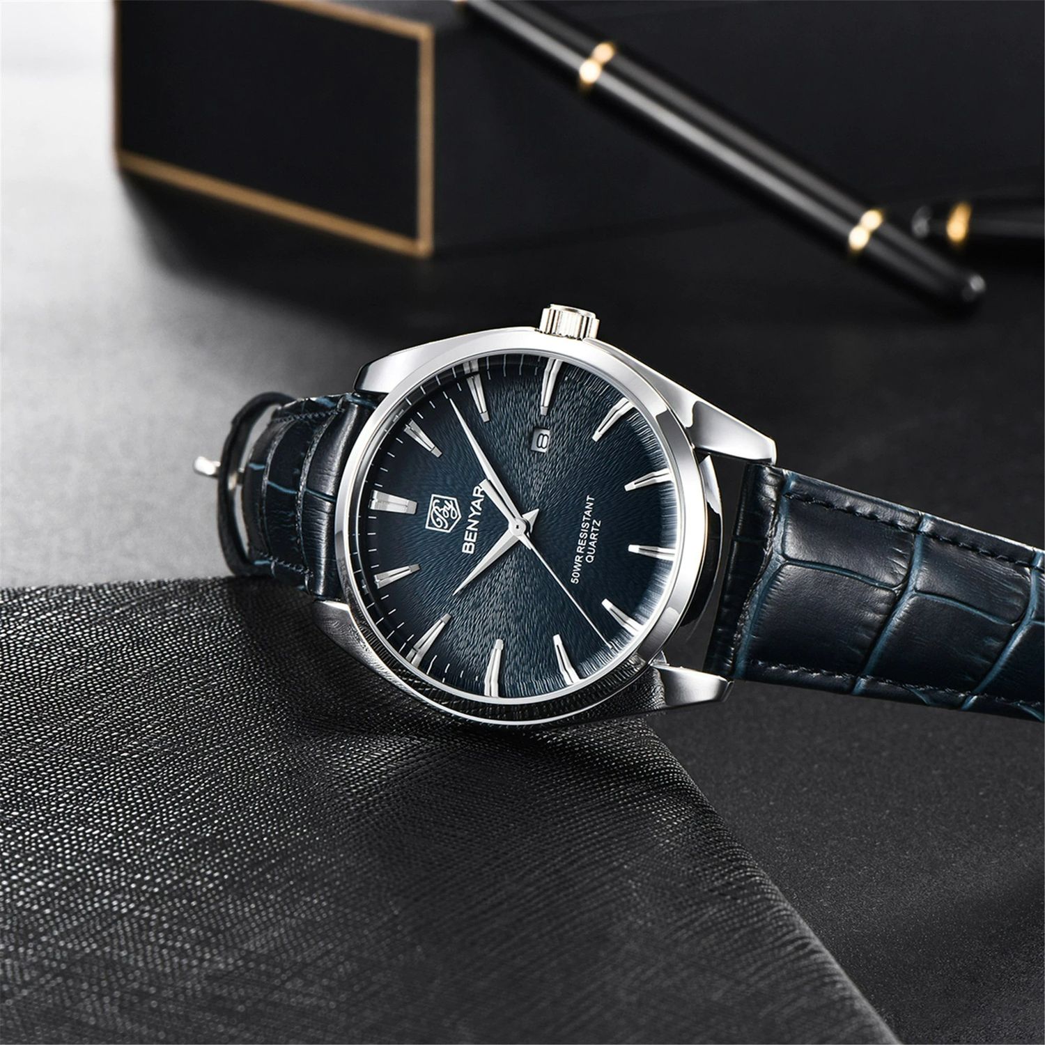 Ceas barbatesc Benyar Elegant Fashion Mecanism Quartz Curea Din Piele fotografia produsului View 5 L