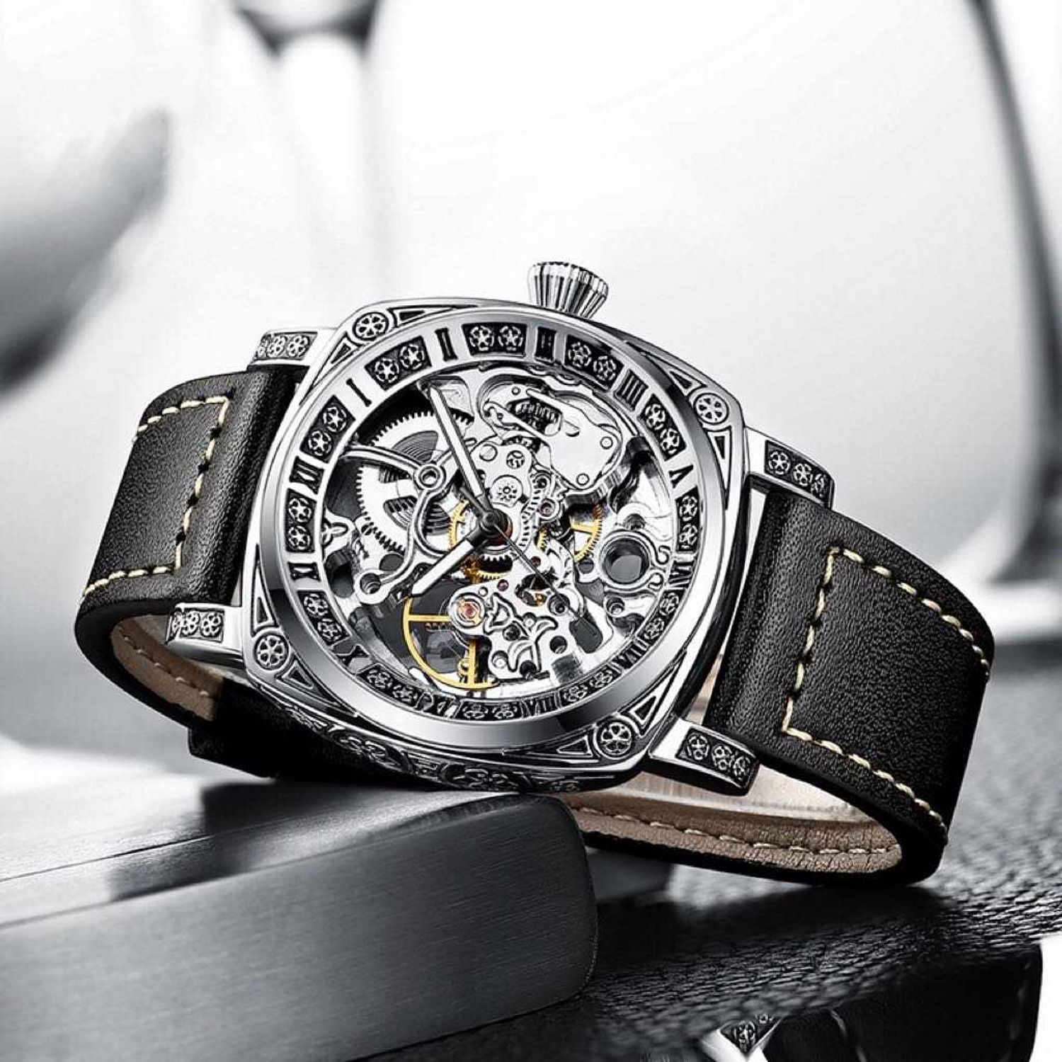 Ceas de mana barbati Tio Mecanic Automatic Skeleton Clasic Luxury Elegant Argintiu fotografia produsului View 2 L