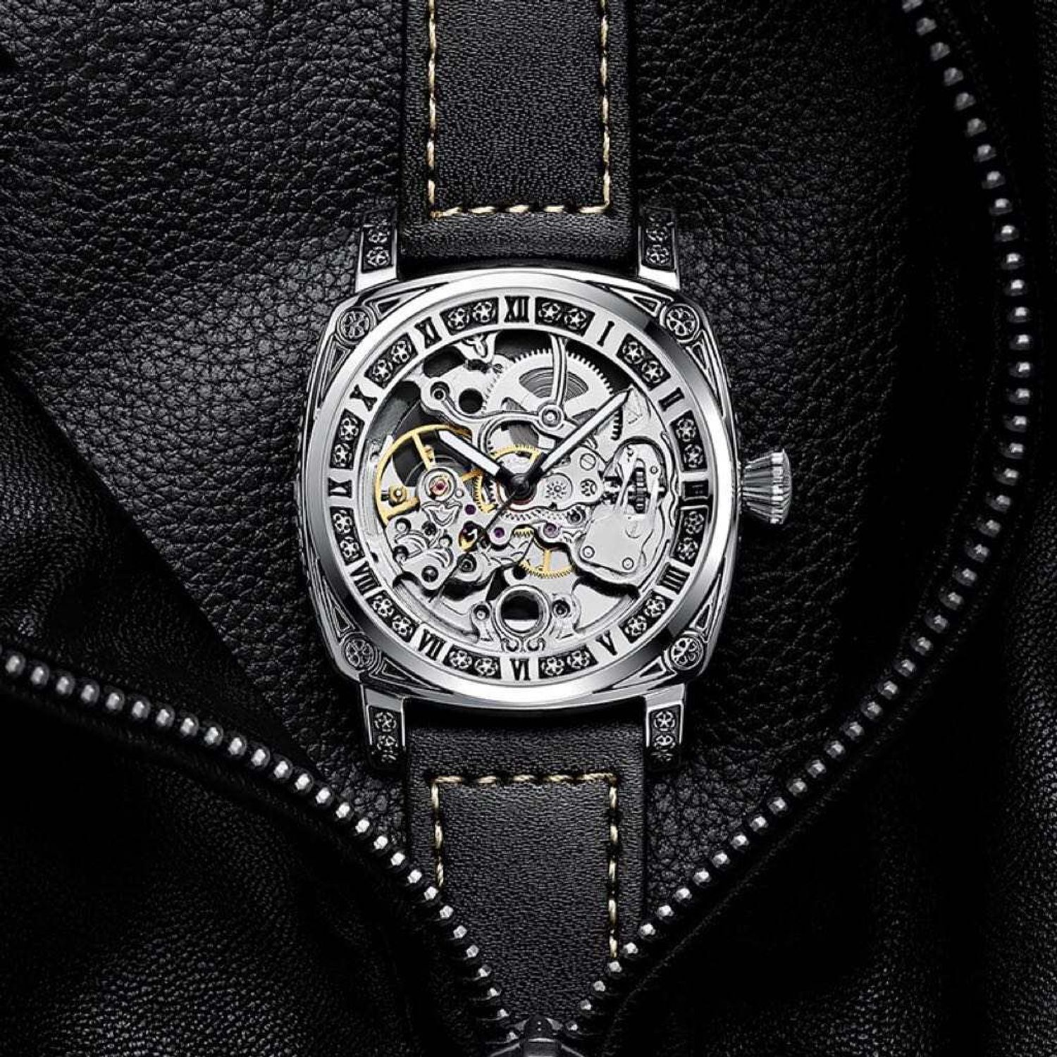 Ceas de mana barbati Tio Mecanic Automatic Skeleton Clasic Luxury Elegant Argintiu fotografia produsului View 3 L