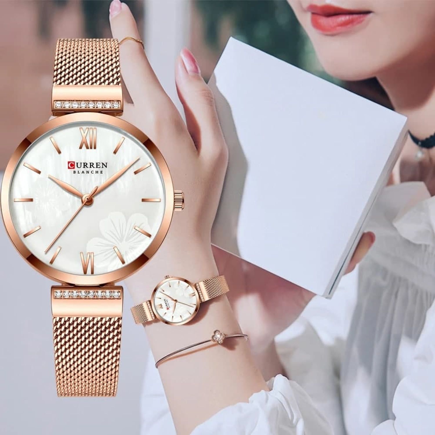 Ceas dama Curren, Quartz, Analog, Otel inoxidabil, Elegant, Auriu/alb fotografia produsului View 4 L