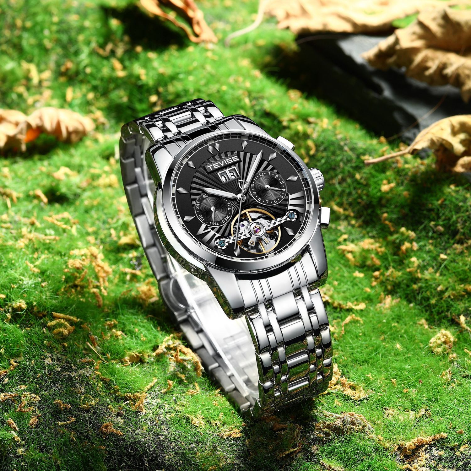 Ceas de mana barbatesc Tevise Tourbillon Mecanic Automatic Self Wind Casual Cutie fotografia produsului View 3 L