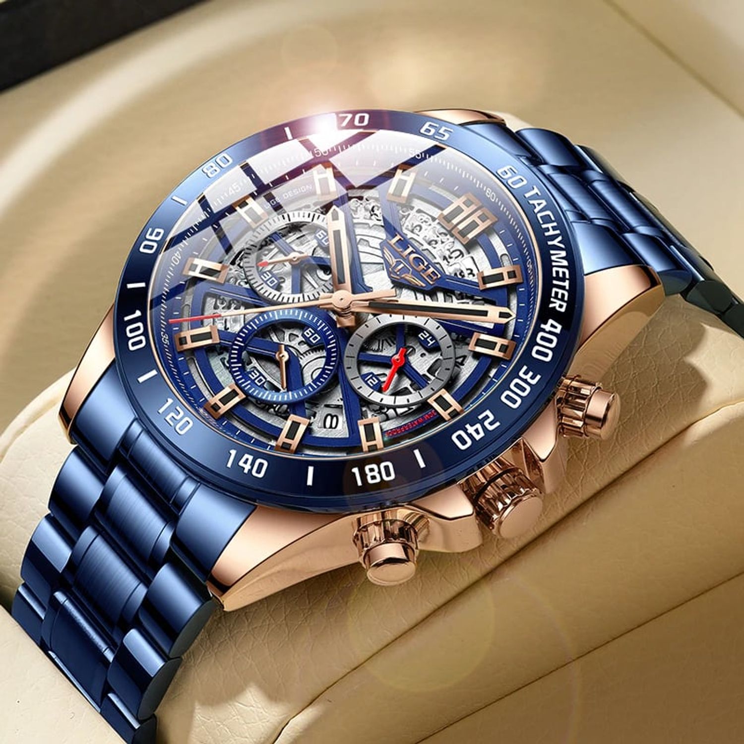Ceas barbatesc Lige Elegant Luxury Quartz Cronograf Afisaj Analog fotografia produsului View 3 L