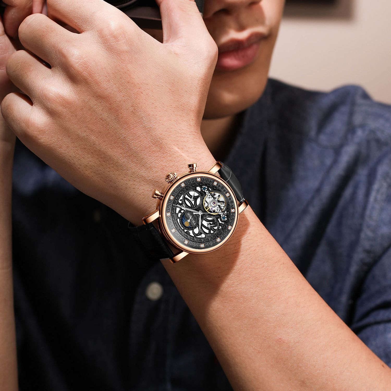 Ceas de mana barbatesc Tevise Mecanic Elegant Fashion Automatic Self Wind Luxury Skeleton fotografia produsului View 2 L
